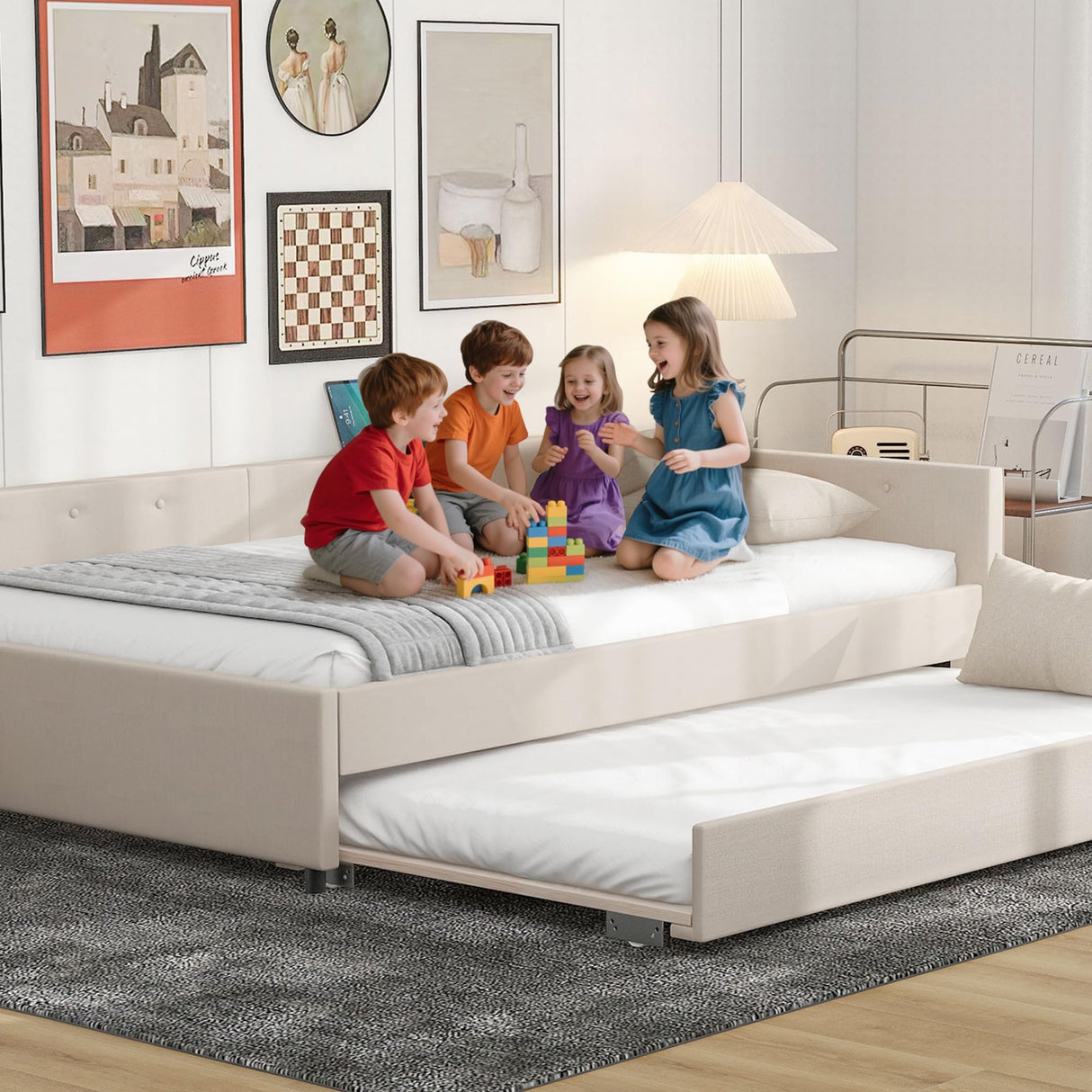 KT Rolster Full Size Daybed with Storage and USB, Modern Cloud Bed Frame with Twin Size Trundle, Linen Upholstered Platform Bed, Full Corner Daybed for Living Room, No Box Spring Required, Beige KT Rolster