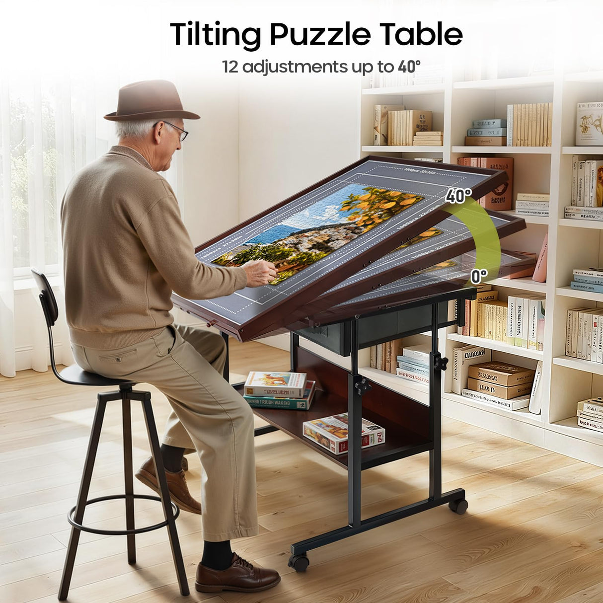 Ostutry Rotating Puzzle Table with Drawers - 1500 Pieces Wooden Jigsaw Table, Adjustable Puzzle Board for Adults Ostutry