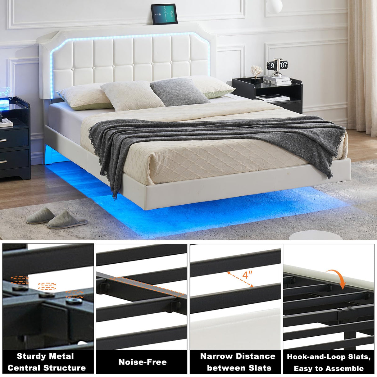 GAOMON Full Size Floating Bed Frame with RGB Led Lights Headboard, Modern Floating Led Full Bed Frame with Upholstered Adjustable Headboard, Stable Structure, No Box Spring Needed, Easy Assembly GAOMON