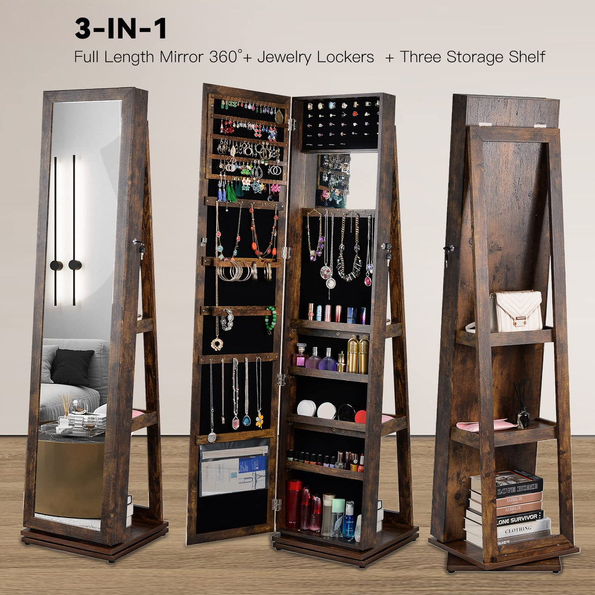 BOSTANA Jewelry Armoire 65" H, Full Length Mirror with Storage 360° Swivel, Storage Shelves, Lockable Standing Jewelry Cabinet Organizer with Large Storage Capacity, Valentine's Day Gift, Brown BOSTANA