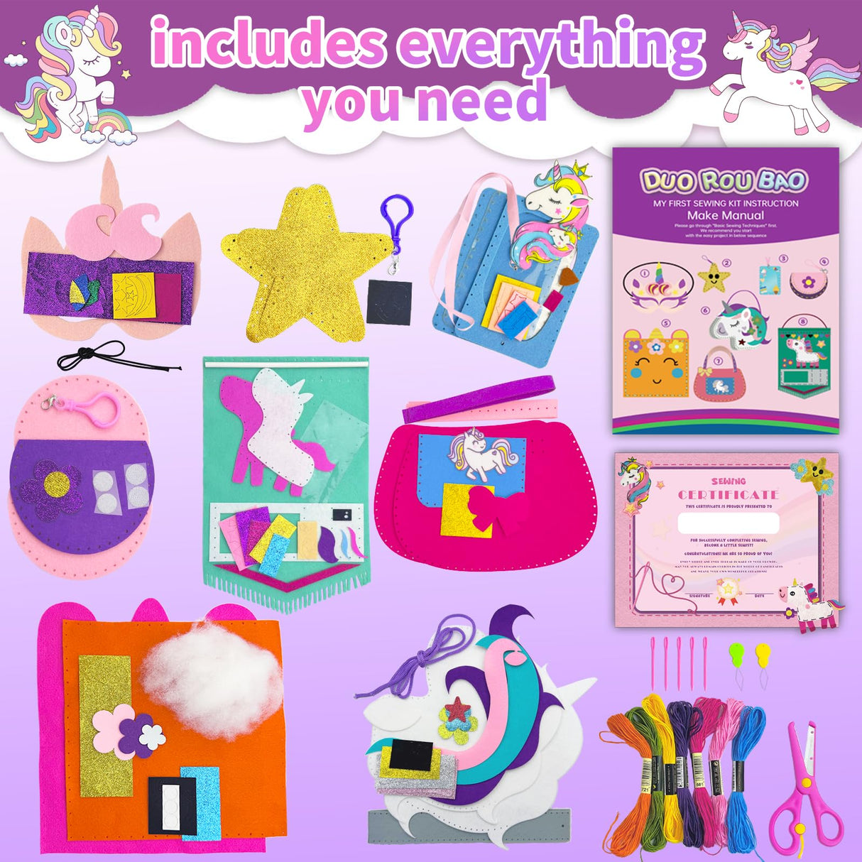 DUOROUBAO 8-in-1 Sewing Kit for Kids, Unicorn Art Craft for Kid Easy DIY Sewing Projects with Instructions Learn to Sew My First Sewing Kit Birthday Christmas Gifts for Girls Boys Education Toys 5+ DUOROUBAO