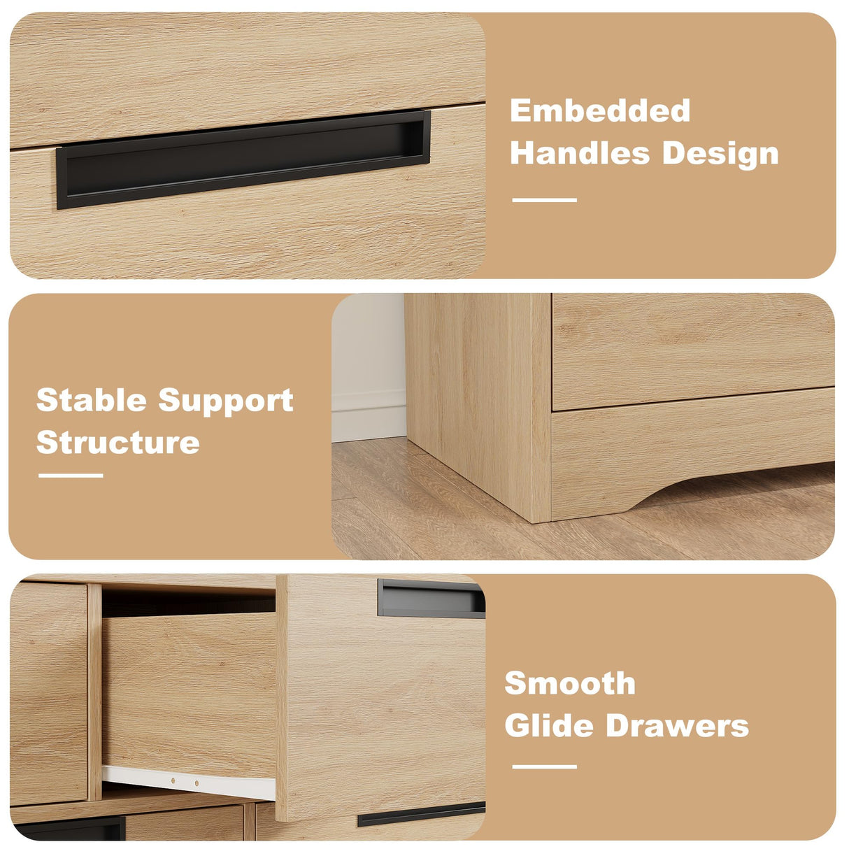 GarveeHome 6 Drawer Dresser for Bedroom, Natural Modern Double Dresser Organizer with Embedded Handles Design, Wooden Chest of Drawers for Living Room, Nursery, Hallway GarveeHome