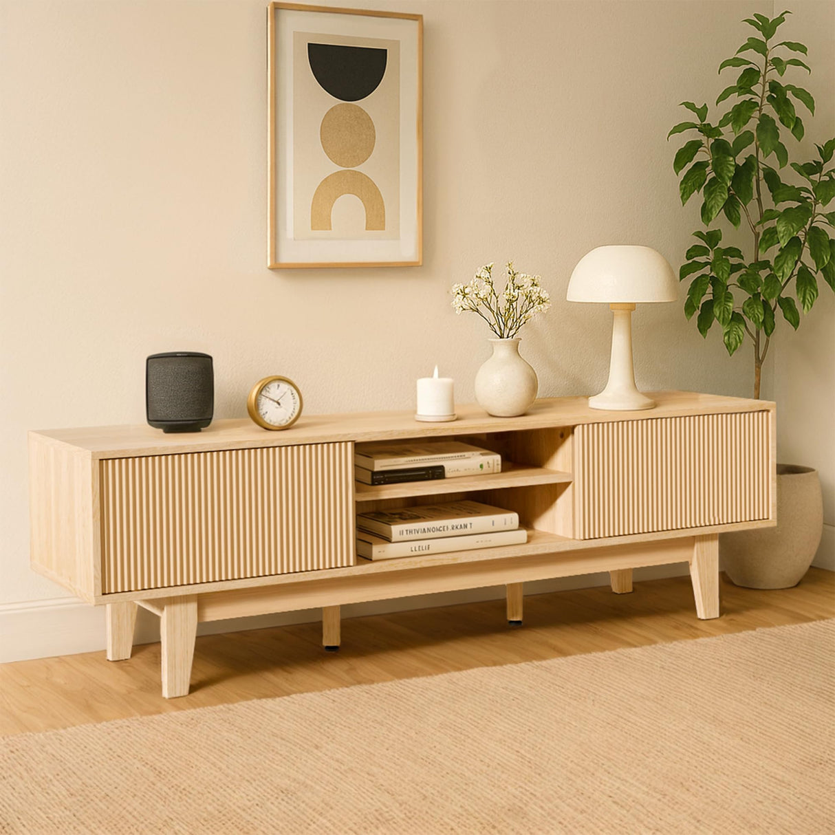 EDWINENE TV Stands for 55 60 65 inch TV, Oak Fluted TV Stand for Living Room Bedroom, Mid Century Modern TV Console Tables, Entertainment Center with Storage Cabinet, Sliding Doors and Open Shelves EDWINENE