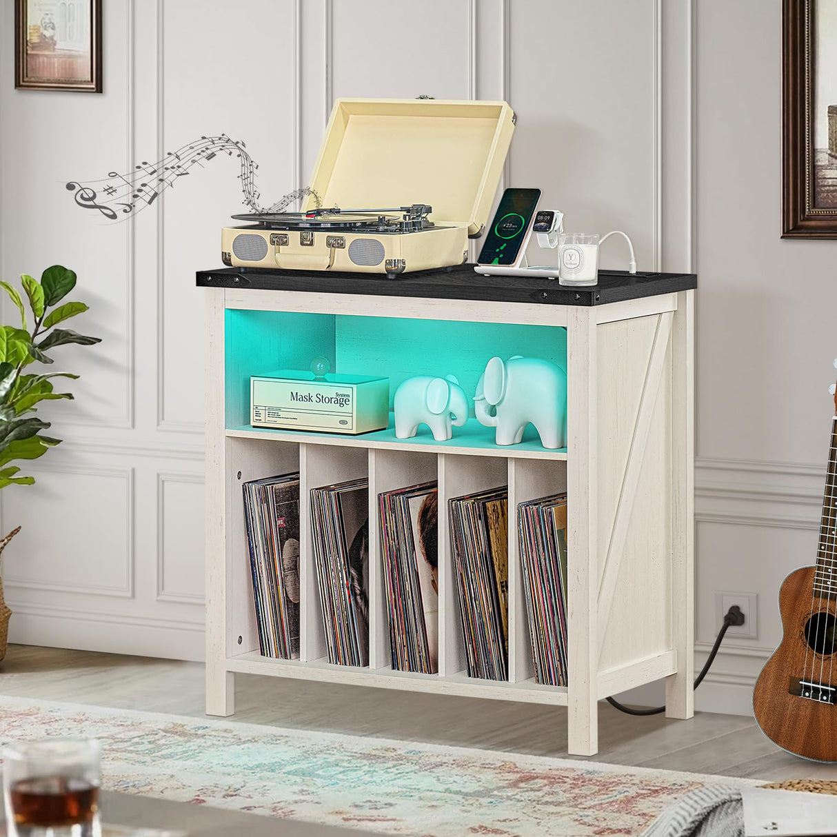 Joaxswe Large Record Player Stand with Charging Station & LED Lights, White Vinyl Record Storage Table Holds up to 230 Albums, Turntable Stand with Display Shelf for Music Room Bedroom Living Room Joaxswe