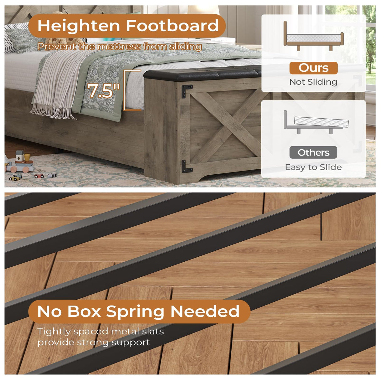 DICTAC Farmhouse Twin Bed Frame with Storage Headboard, Charging Station and Ottoman Twin Size Metal Platform Beds with Led Lights,twin Bed Frame with Metal Slats Support,No Box Spring Needed,Oak Gray DICTAC