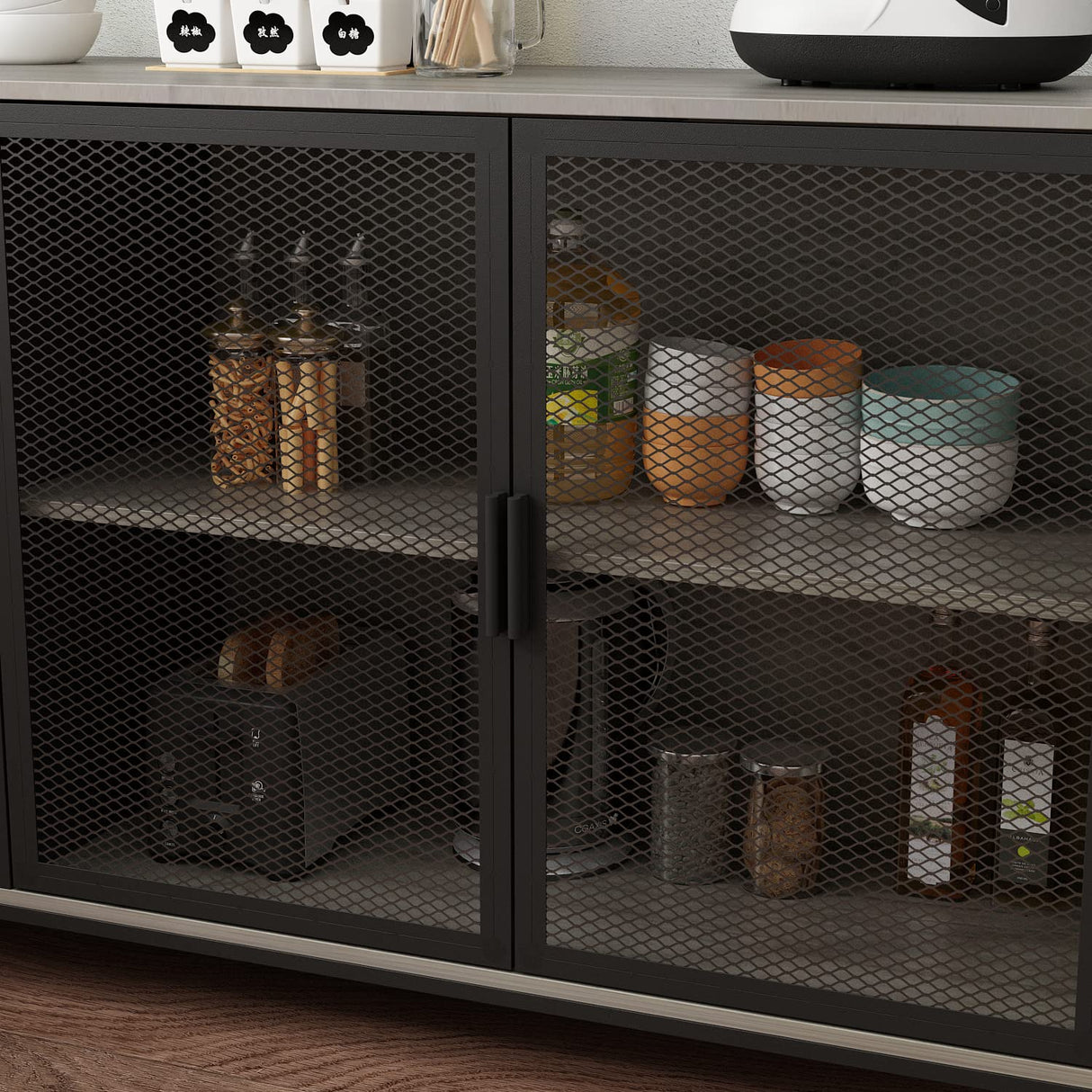 ECACAD Walnut Modern Wood Sideboard Buffet with Hutch, Metal Mesh Doors, and Ample Storage Compartment ECACAD