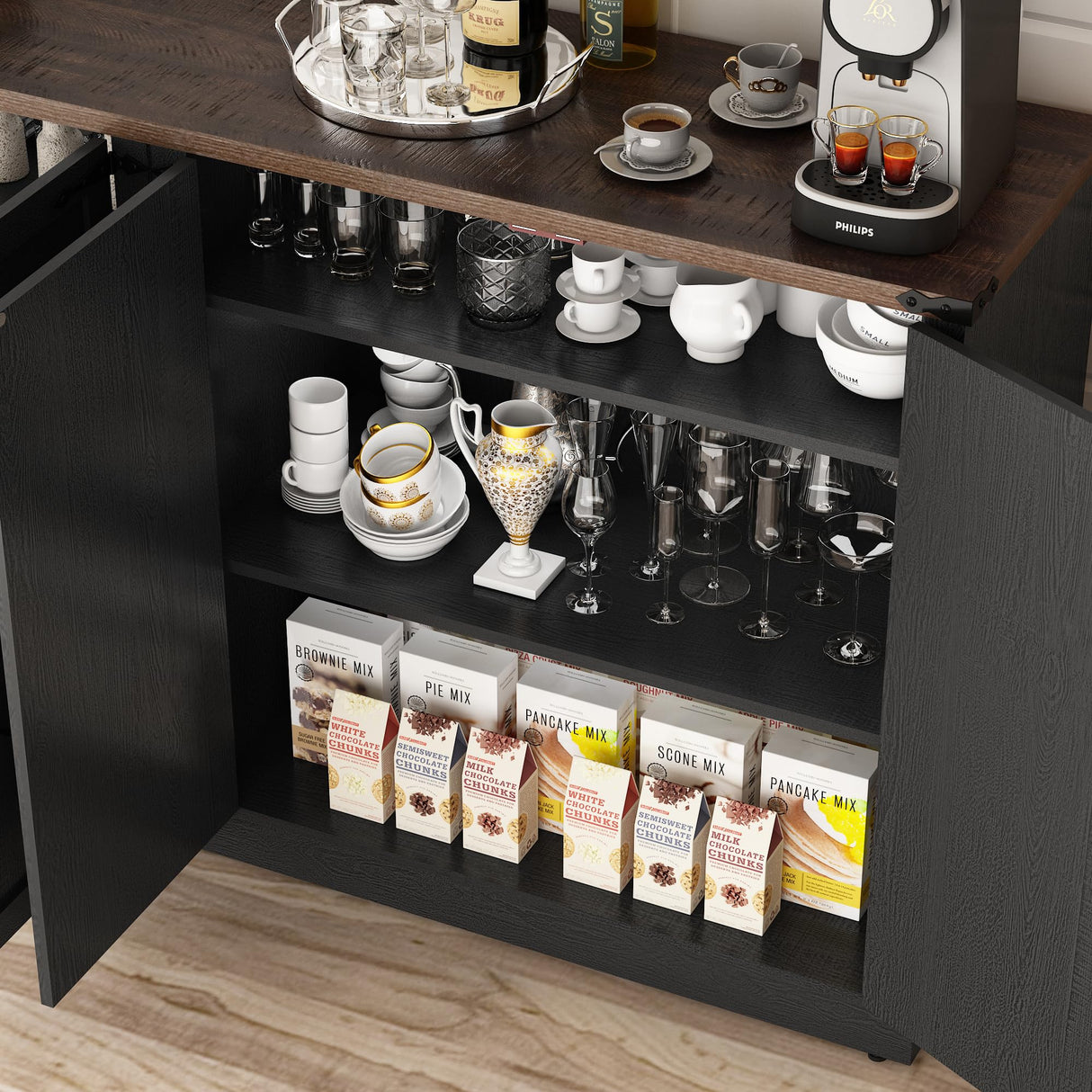 Sideboard Buffet Cabinet with Storage - 65 Inch Farmhouse Kitchen Pantries Sideboard Cabinets with Adjustable Shelves, Wooden Coffee Bar Cabinet Buffet Table for Kitchen, Dining Room, Black chartustriable