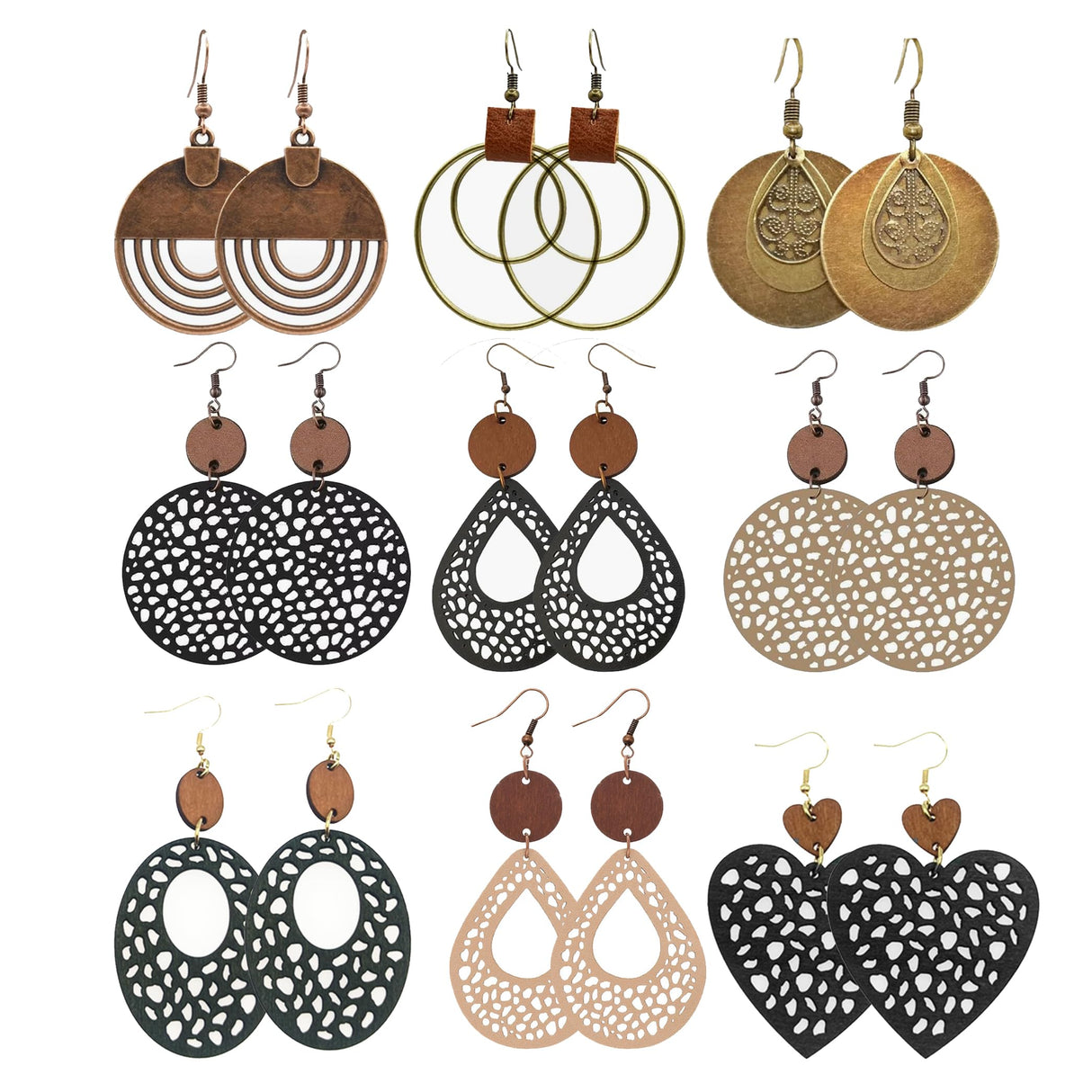 9 Pairs Boho Vintage Wooden Round Geometric Leather Earrings Retro Hollow Out Circle Earrings Big Lightweight Statement Jewelry Suitable for Women Hefanny