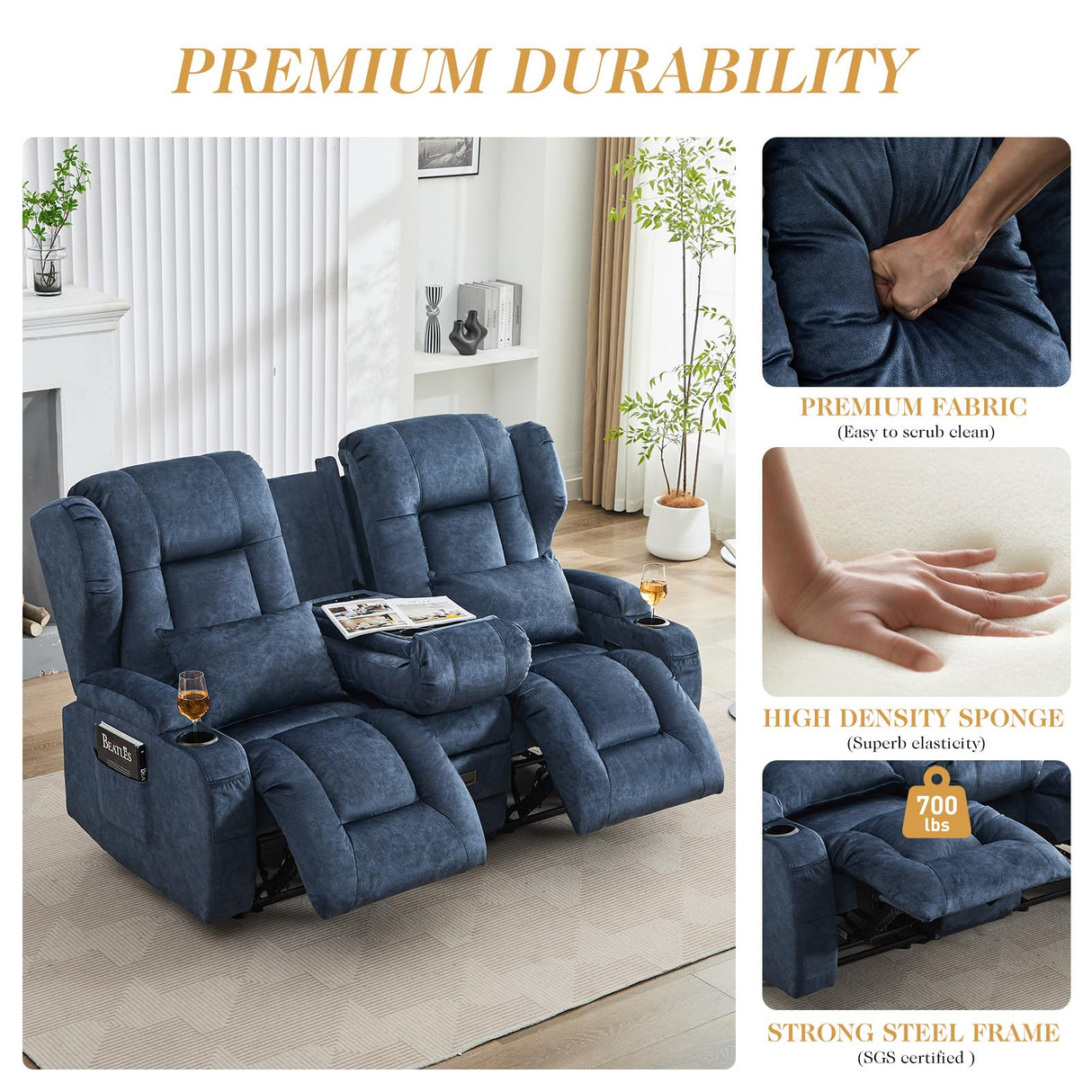 TCGBKAF Loveseat Recliner Sofa with Flip-up Console,Reclining Loveseat Sofa Wall Hugger Recliners for Small Spaces,Dual Manual Recliner Couches with Cup Holders for Living Room (Velvet Blue) TCGBKAF
