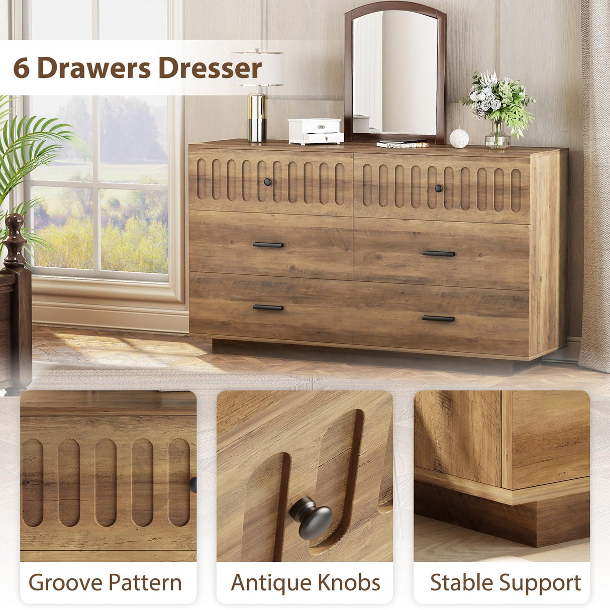 IBF Farmhouse Dresser for Bedroom Modern 6 Drawer Dresser Fluted Chest of Drawers Large Wood Closet Dressers with Anti-Tipping Design for Bedroom, Living Room, Hallway, Entryway, Nursery, Rustic Oak IBF