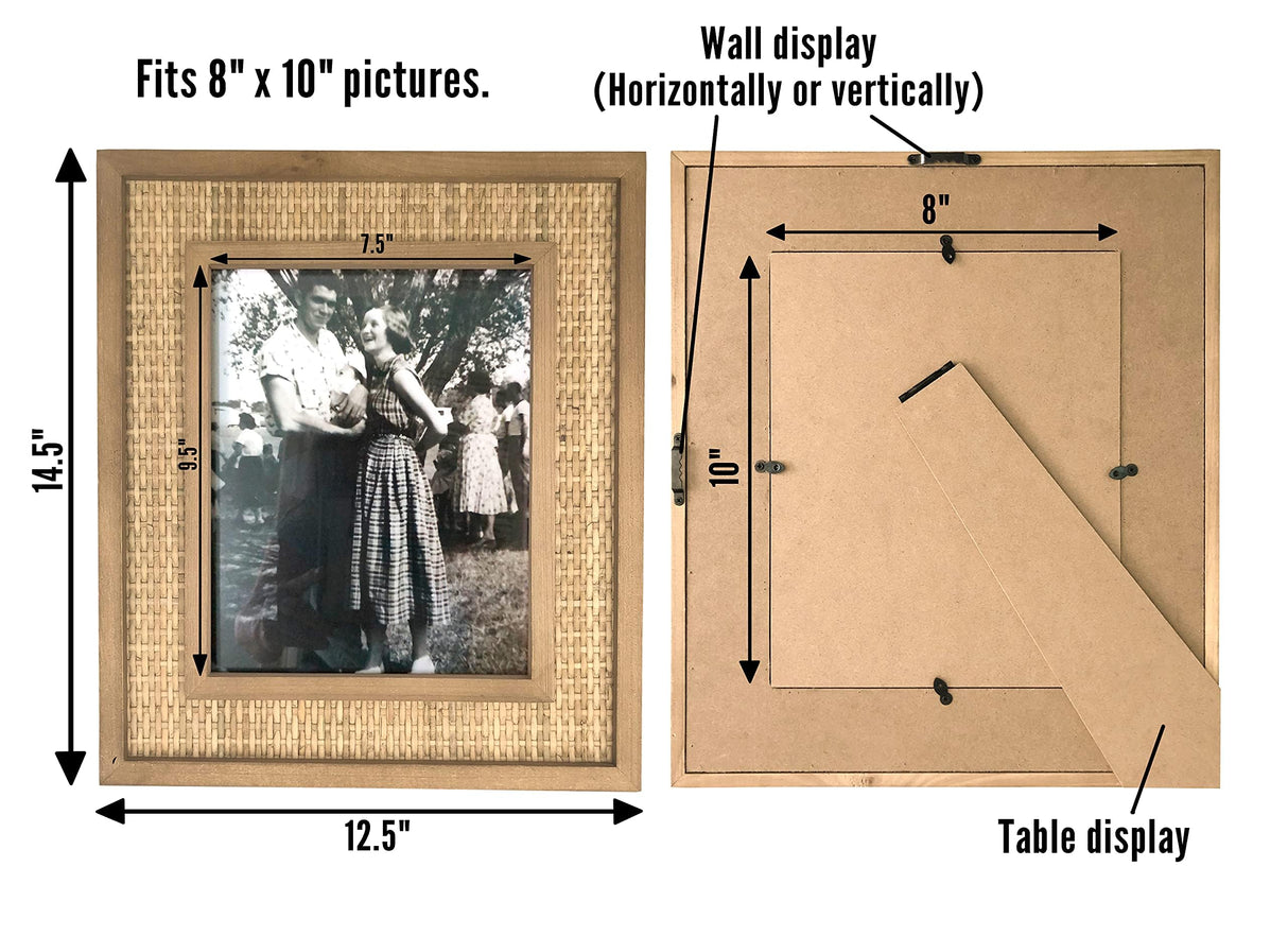 Rattan and Wood Picture Frame - Coastal or Boho Photo Frame For 8"x10" Photos - Tabletop Stand and Wall Mount Fairwood Way