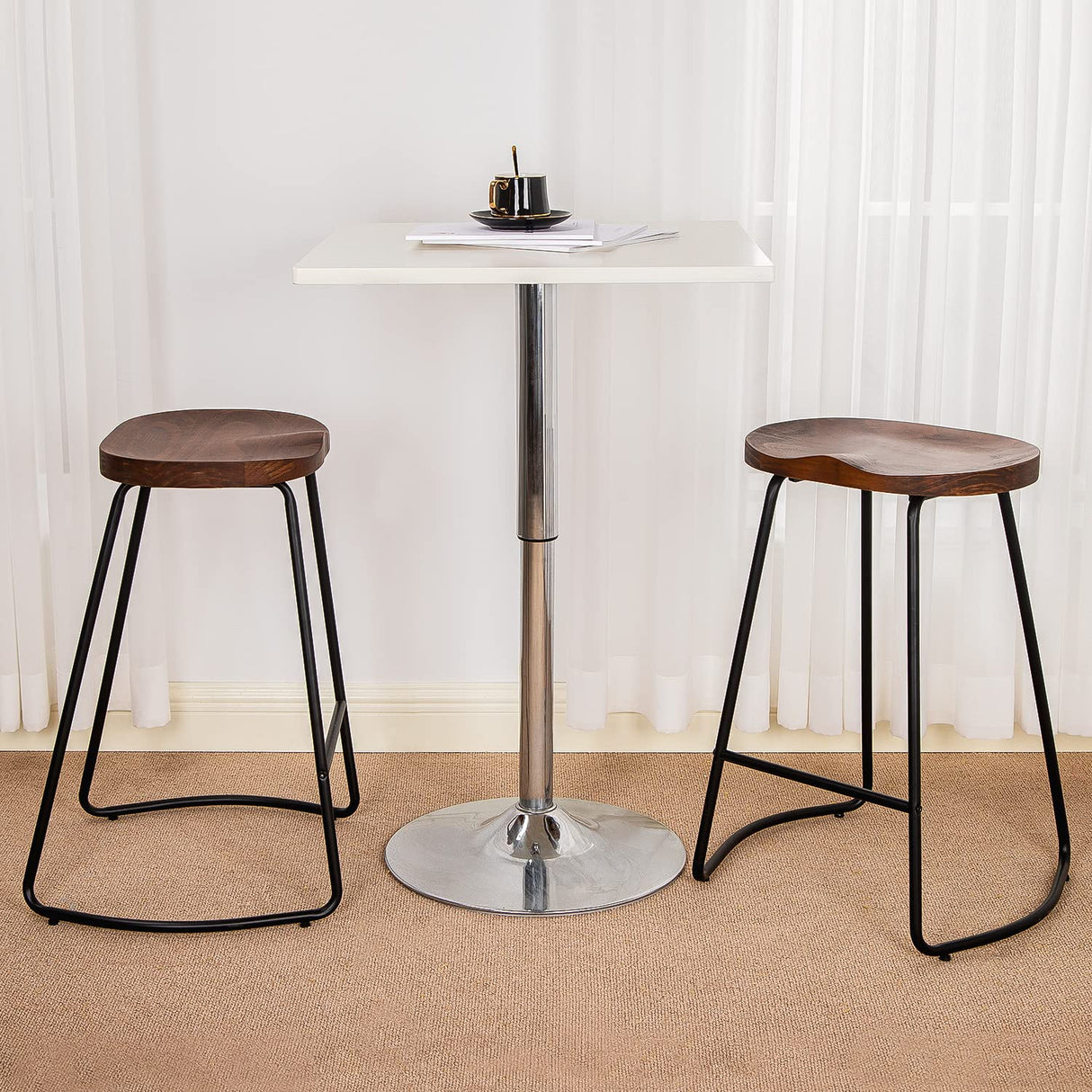 HeuGah Bar Stools, Solid Wood Barstools Set of 2, 26" Counter Height Bar Stools with Metal Leg, Rustic Backless Bar Stools for Kitchen Island, Bar Chairs with Solid Wood Saddle Seat (Walnut, 26 Inch) HeuGah