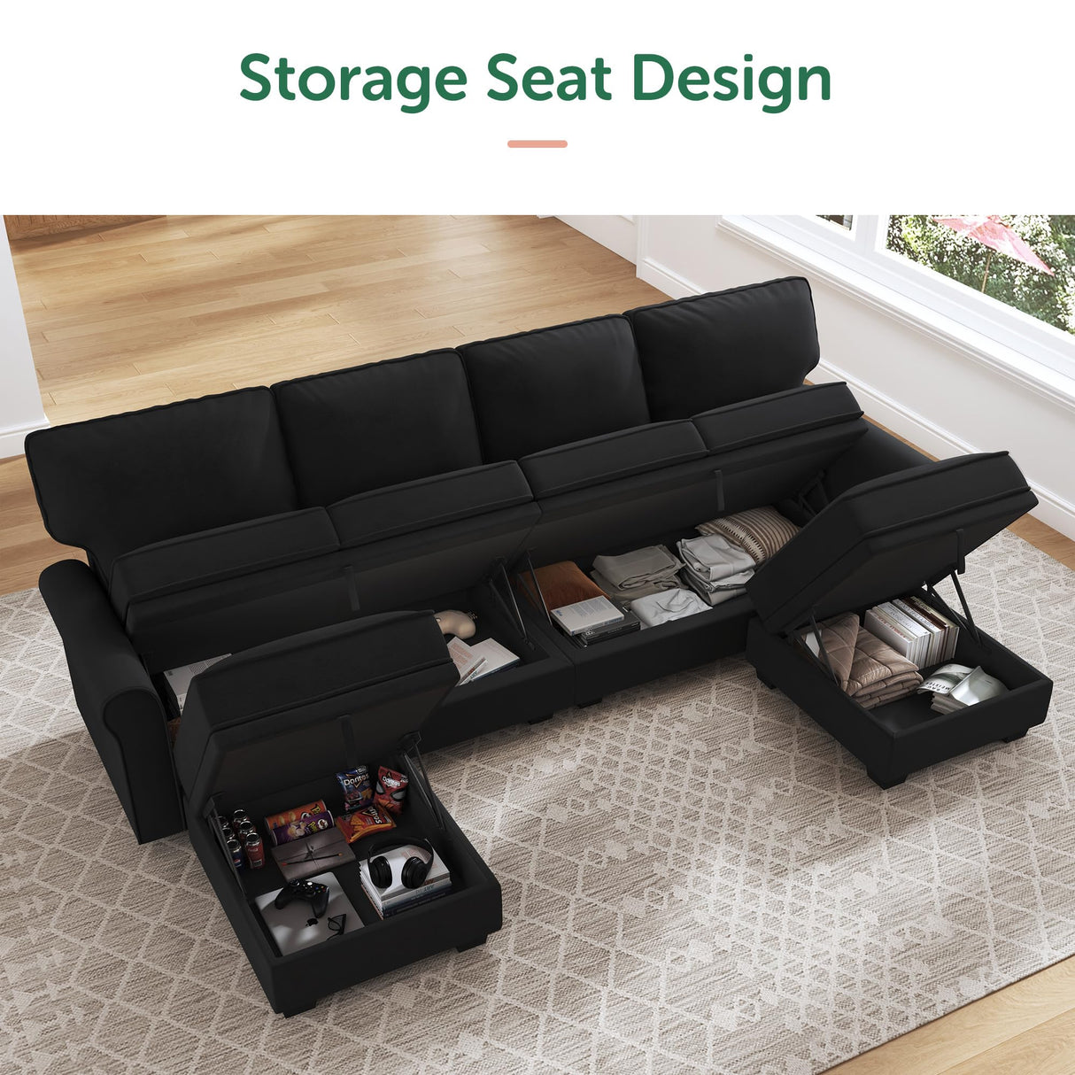 HONBAY Sectional Sofa with Storage Seat Velvet U Shaped Couch with Reversible Chaise Convertible Sectional Couches for Living Room,Black Velvet HONBAY