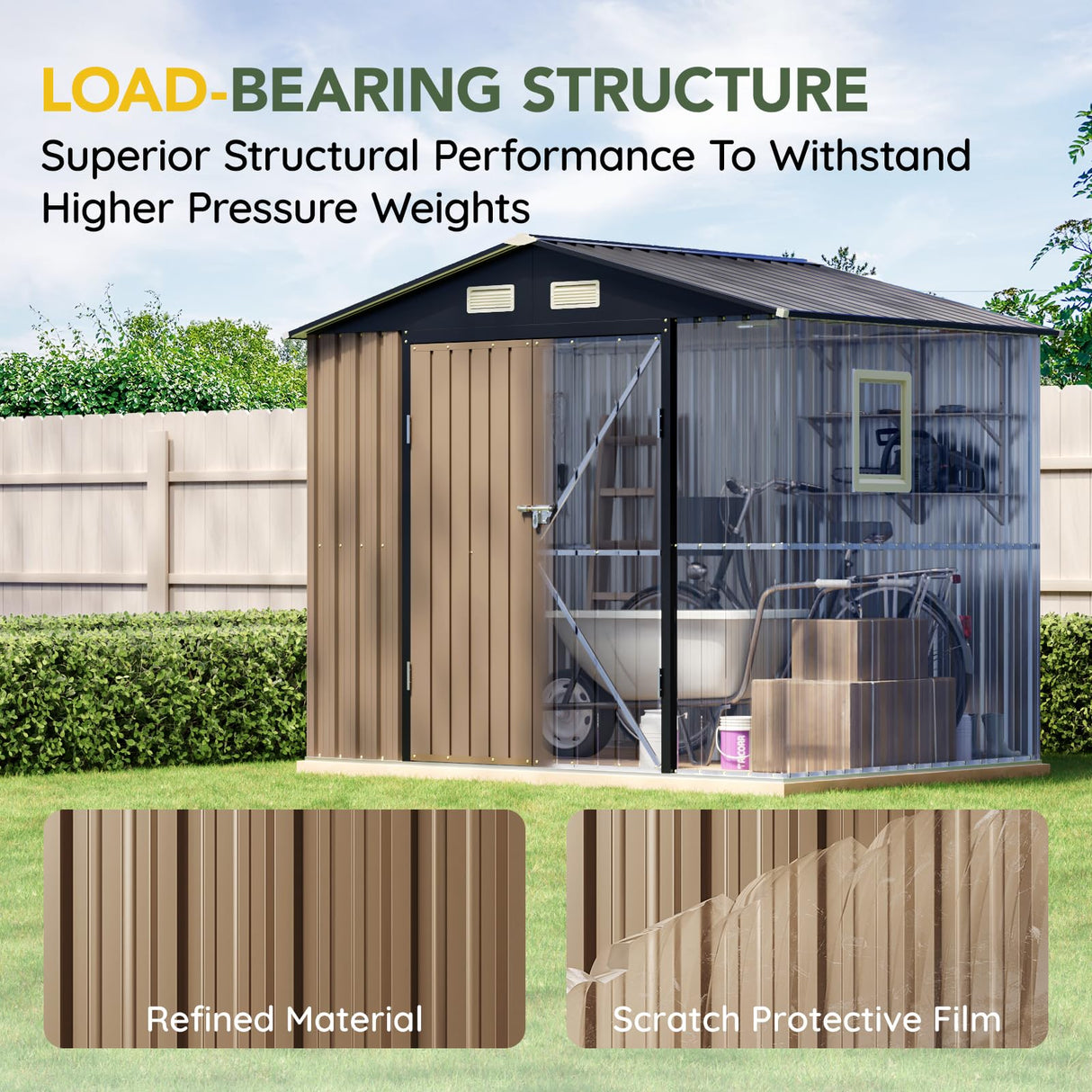 Breezz 8x6FT Outdoor Steel Storage Shed with Clear Window, Lockable Doors, Weather-Resistant Metal Tool Shed for Garden, Backyard, Patio, and Utility Storage.Brown BreezZ