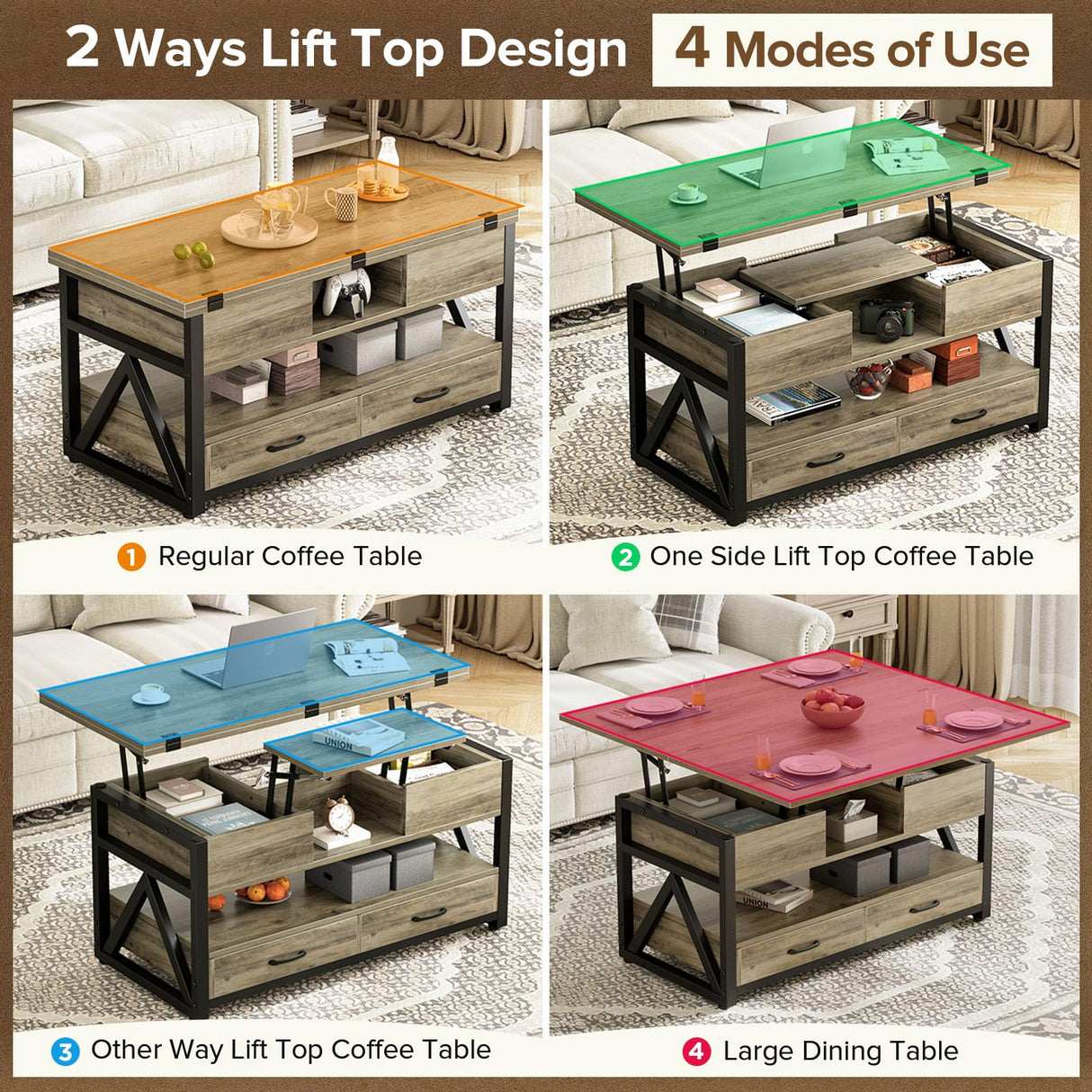 Memobarco 40" Lift Top Coffee Table,4 in 1 Multi-Function Lift Coffee Tables with Storage Drawers and Hidden Compartmen,Farmhouse Coffee Table with Lifting top for Living Room,Grey Memobarco