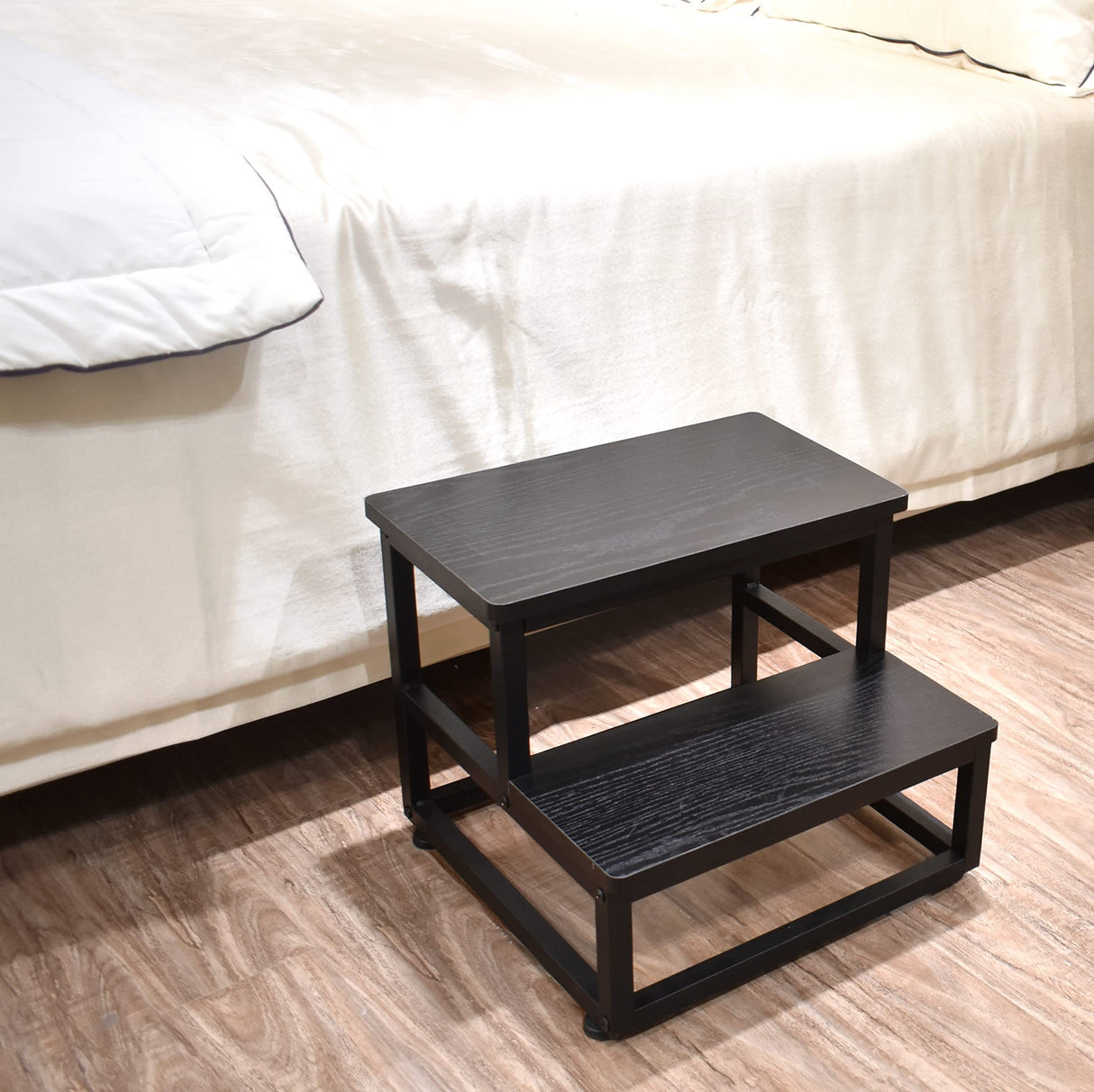 SZLHANJZ Step Stool, Bedside Steps for High Beds with Round Corners, 2 Steps Footstool for Adults, Metal and Wood Stepping Stool for Kitchen Bedroom, Load 500 LB, Black SZLHANJZ