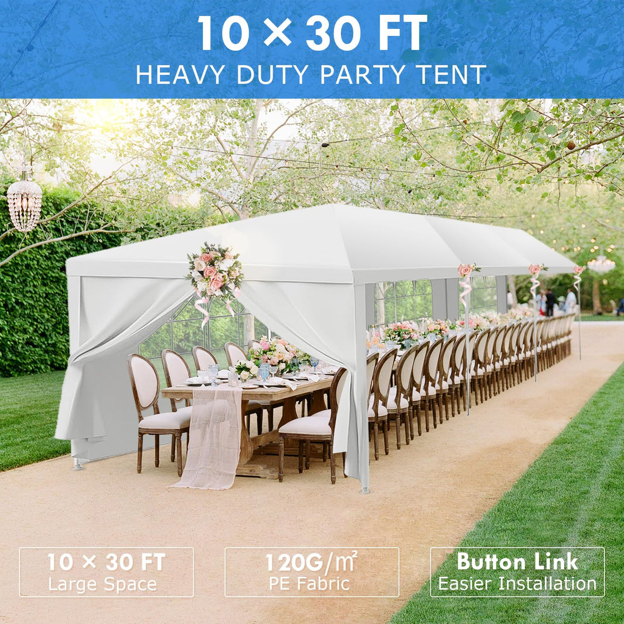 2025 Upgraded 10'x30' Party Tent, Outdoor Tents for Parties, Wedding, Birthday, Large Canopy Tent with Walls and Transparent Windows, White Event Gazebo Tent for Backyard, Garden, Patio, 8 Sidewalls ELOMBR