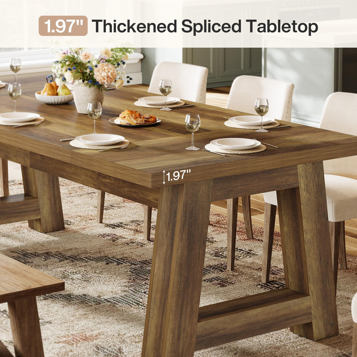 Tribesigns 70.5'' Long Dining Table for 6-8, Farmhouse Wooden Kitchen Table with Sturdy Legs, Large Rectangle Dinner Furniture for Home, Dining Room, Brown Tribesigns