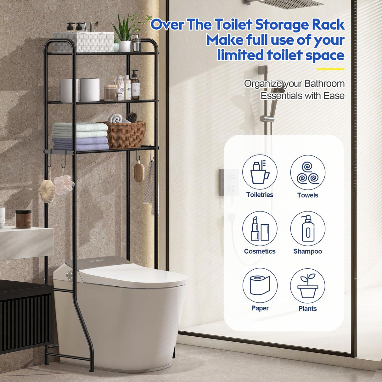 samstar 3 Tier Over The Toilet Storage Rack, Bathroom Organizer Shelves Cabinet Above Toilet, Freestanding Shelf Space Saver, Black samstar