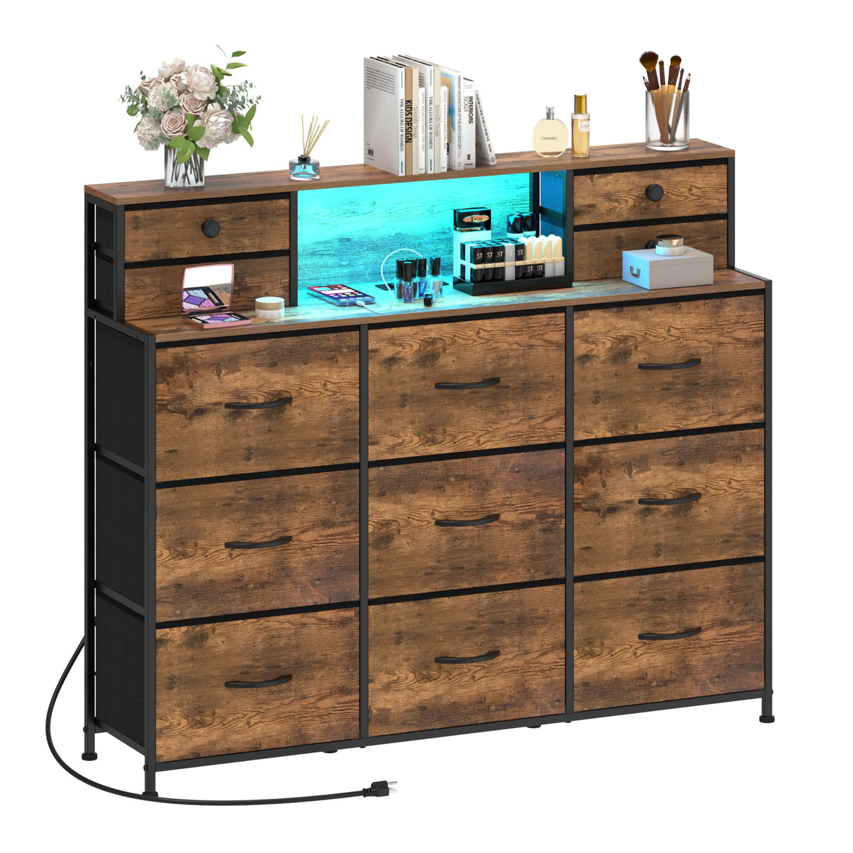 Welfuturer Rustic Dresser with Charging Station and LED Lights Large 13 Drawers Dresser Fabric Chest of Drawers for Bedroom Living Room Hallway Entryway Closets Sturdy Frame Wood Top Brown Welfuturer