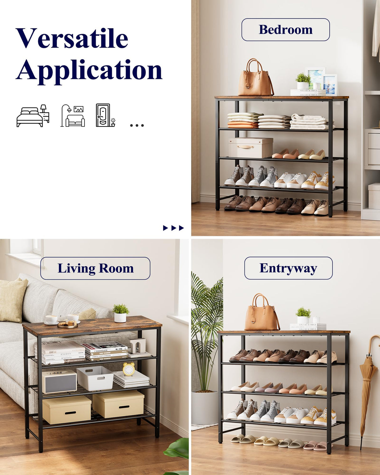 Kitsure Shoe Rack for Closet, Rustic Brown Shoe Organizer with Leveling Feet, Sturdy & Rust-Proof Shoe Storage for Entryway, Bedroom, Living Room, 29.5" x 11.4" x 24.8", Brown Kitsure