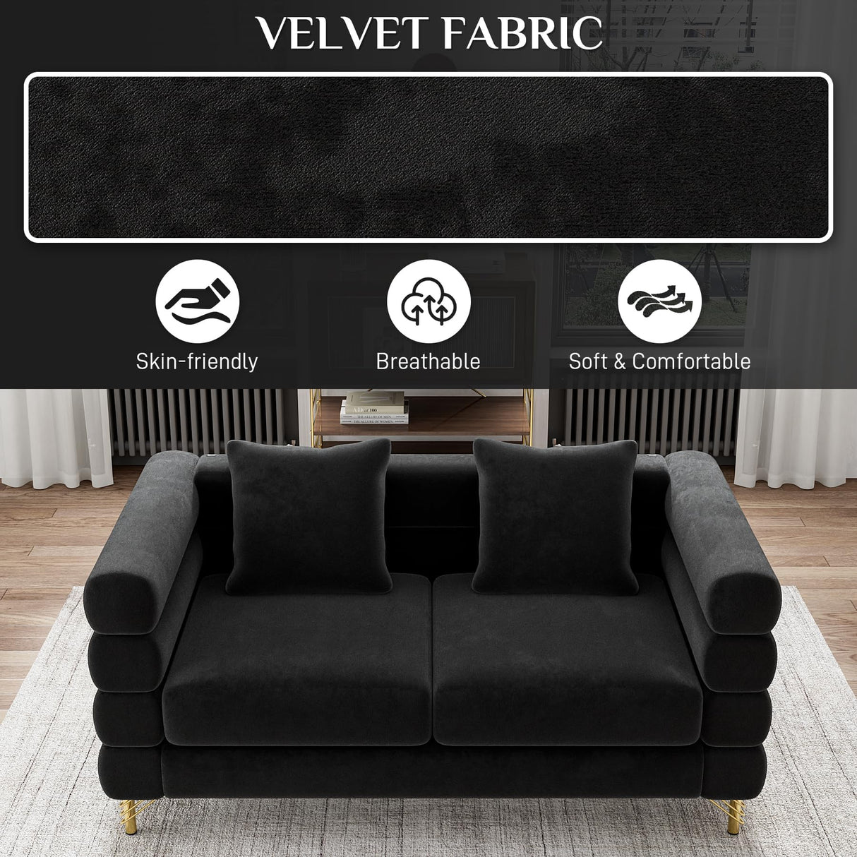 OUYESSIR Cloud Sofa Couch for Living Room, 59" Comfy Deep Seat Velvet Loveseat Sofa with 2 Pillows and Gold Legs, Modern Upholstered 2 Seater Love Seat for Bedroom Office, Dark Black Velvet OUYESSIR