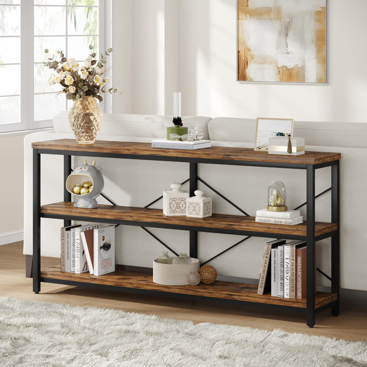 Tribesigns 55-Inch Industrial Sofa Table, 3-Tier Console Table with Metal Frame and Open Shelves, Modern Decorative Shelf, Open TV Shelf for Living Room, Entryway, Hallyway (Brown and Black) Tribesigns