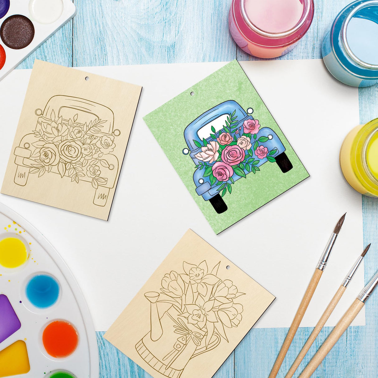 COCHIE 10 Pieces Large Spring Unfinished Wood Crafts to Paint for Adults and Kids, Bulk Predrilled Wooden Ornaments for Painting, Tulips Flowers Paintable Wood Slices Craft Supplies with Ropes COCHIE