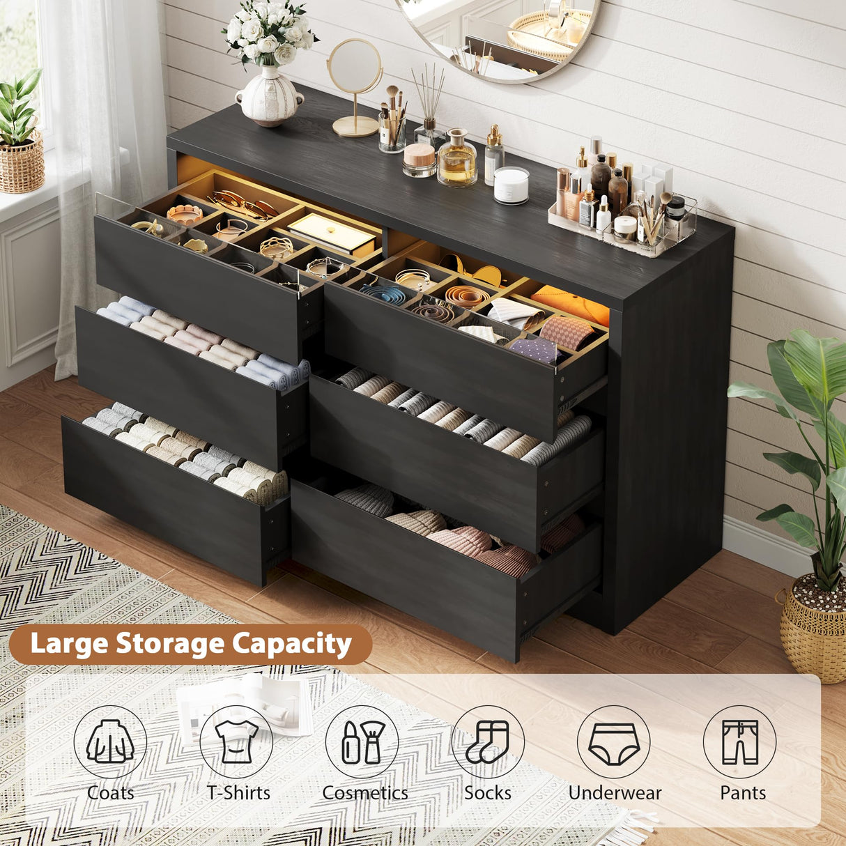 Jocoevol Large 6 Drawer Dresser for Bedroom with LED Light, Modern Chest of Drawers with Hidden Handles, Long Double Wooden Dresser Closet for Living Room, Entryway, Hallway - Black Jocoevol