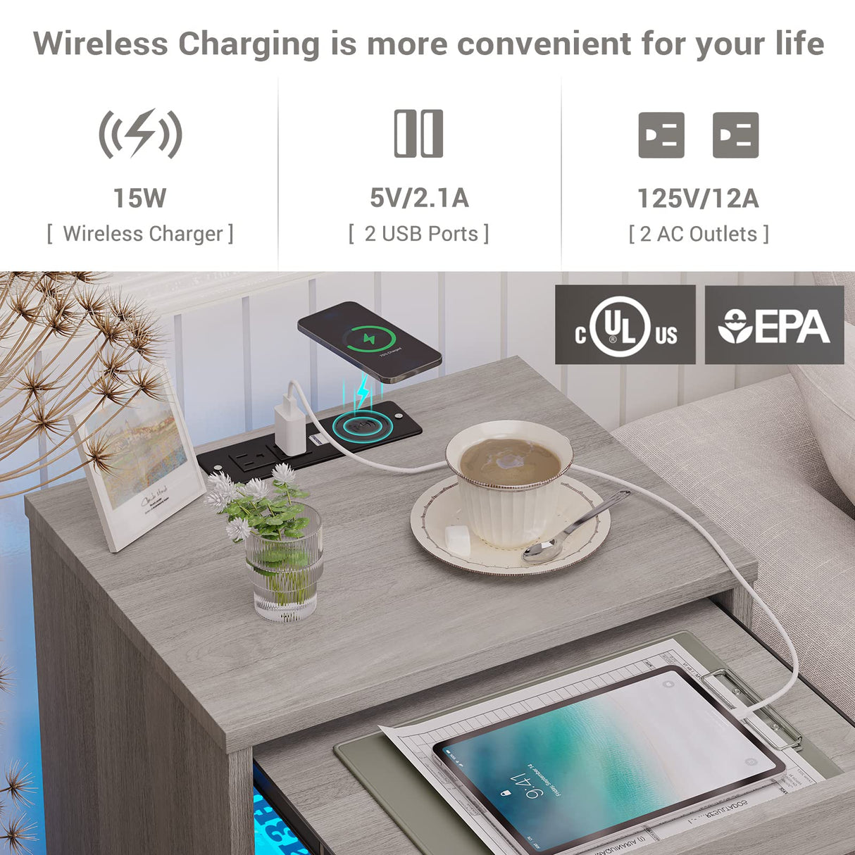 Tiptiper LED Nightstand Set of 2, Gray Nightstand with Wireless Charging Station, Night Stand with Drawers & Pull-Out Shelf, Modern Bedside Table with Storage, End Side Table Tiptiper