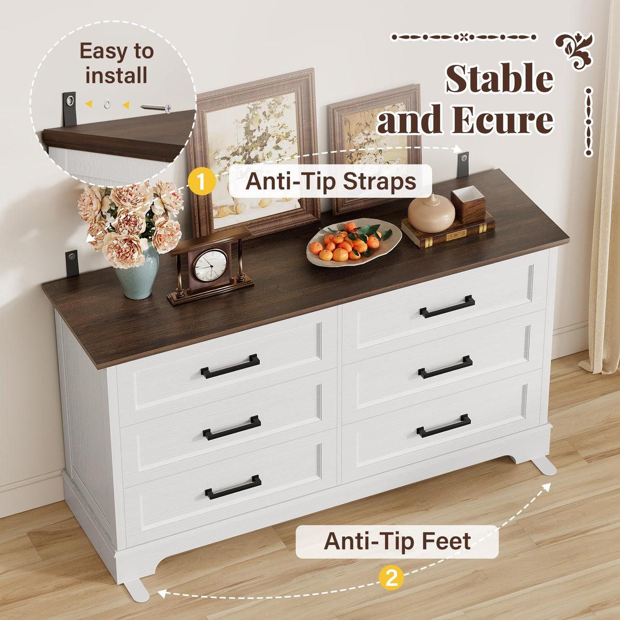 Furmax Farmhouse Dresser for Bedroom, 6 Drawers Dresser, Wood Chest of Drawers, 52" Wide Storage Dressers Organizer for Bedroom, Living Room, White and Brown Furmax