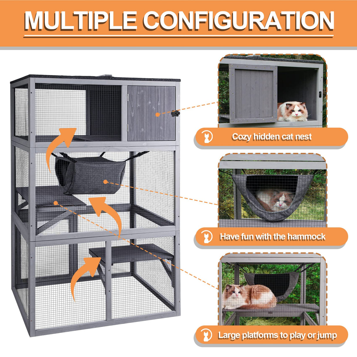X-ZONE PET Catio Wooden Cat House, Outdoor 3 Floors Cat Enclosure, Indoor Large Kitten playpen with Hammock & Resting Box, Cat Cage Waterproof Roof X-ZONE PET