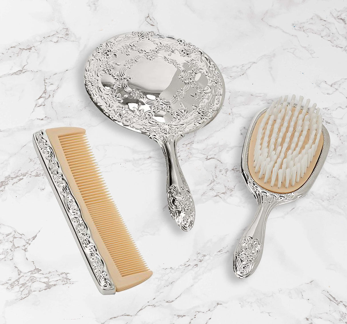 Creative Gifts International Nickel Plated Brass, Non-Tarnished 3-Piece Vanity Set, Brush, Comb, Mirror Set with Embossed Ornate Vintage Designs, Gift Box Included Creative Gifts International