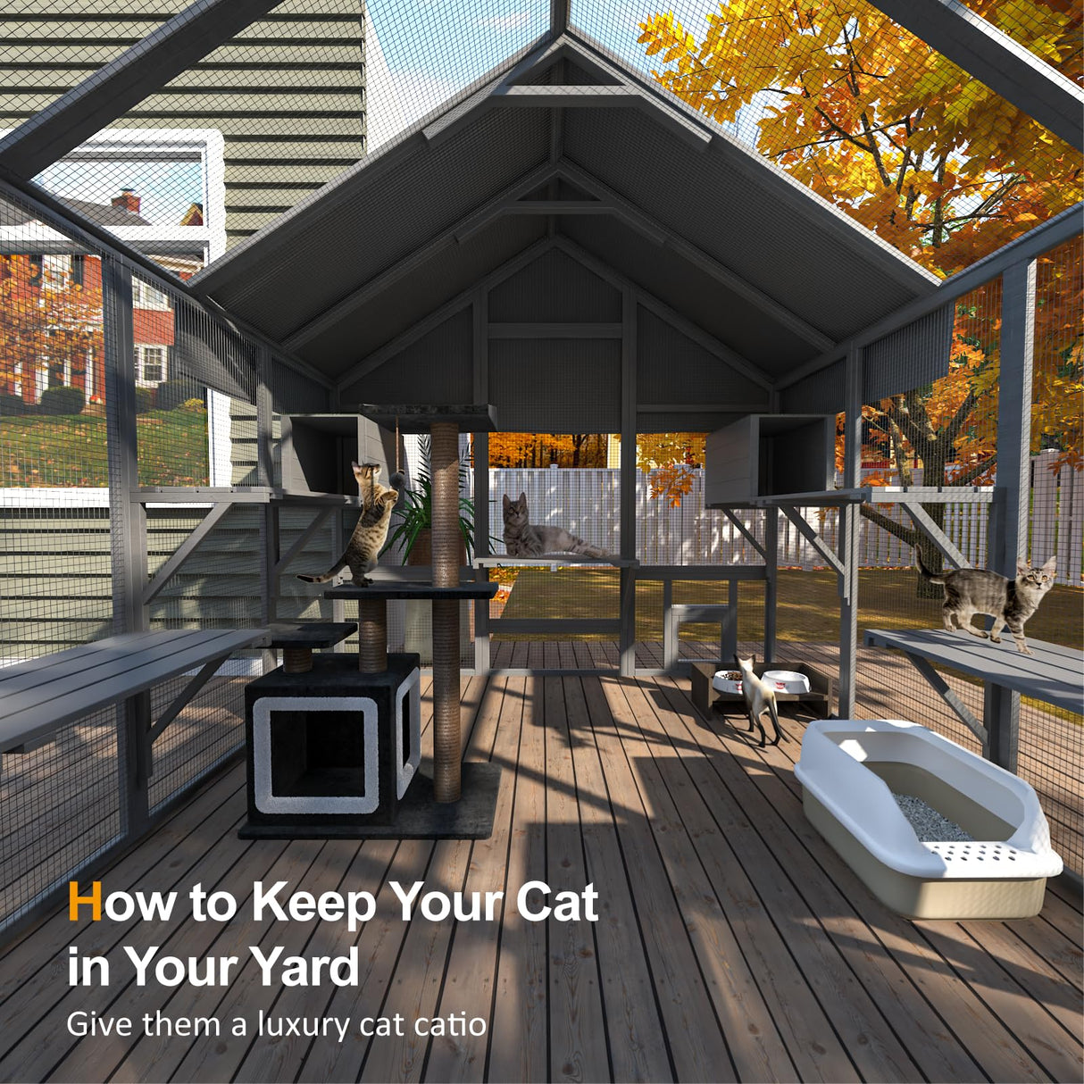 TIMHAKA Cat Catio, Large Catio Outdoor Cat Enclosure for Multiple Cats with 7 Platforms, 2 Resting Box and 2 Bridges, Wooden Feral Cat Shelter with Waterproof and UV Proof Canopy, 71 x 71 x 97 inch TIMHAKA