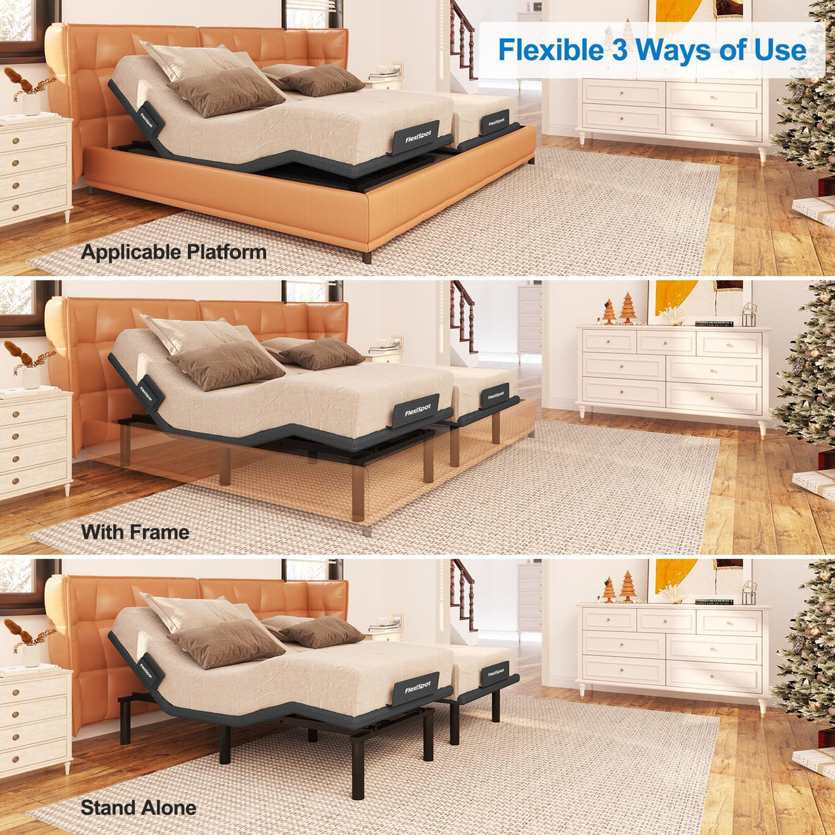 FLEXISPOT S6 Adjustable Bed Frame Base Split King, Quick Assembly, Massage, Zero Clearance, Whisper Quiet Durable Motor, Zero Gravity, Mattress Holder, Anti-Snore, Wireless. FLEXISPOT
