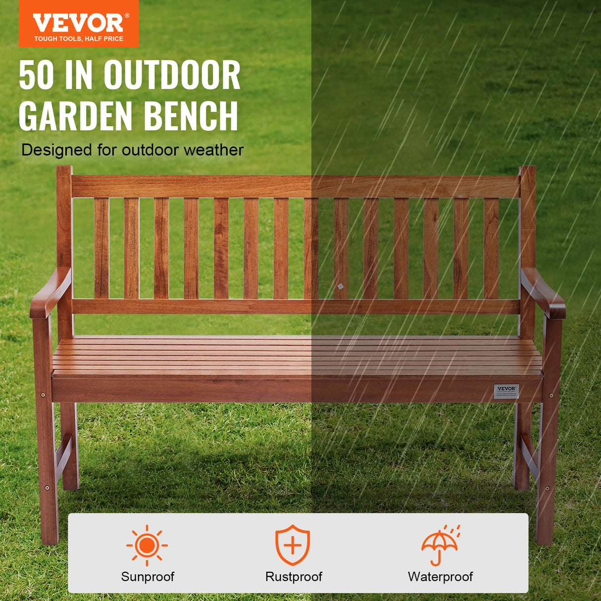 VEVOR Wood Outdoor Bench, 2-Person Garden Bench with Backrest and Armrests, 800 lbs Load Capacity,All-Weather Never Rot Patio Bench for Garden, Park, Yard, Front Porch VEVOR