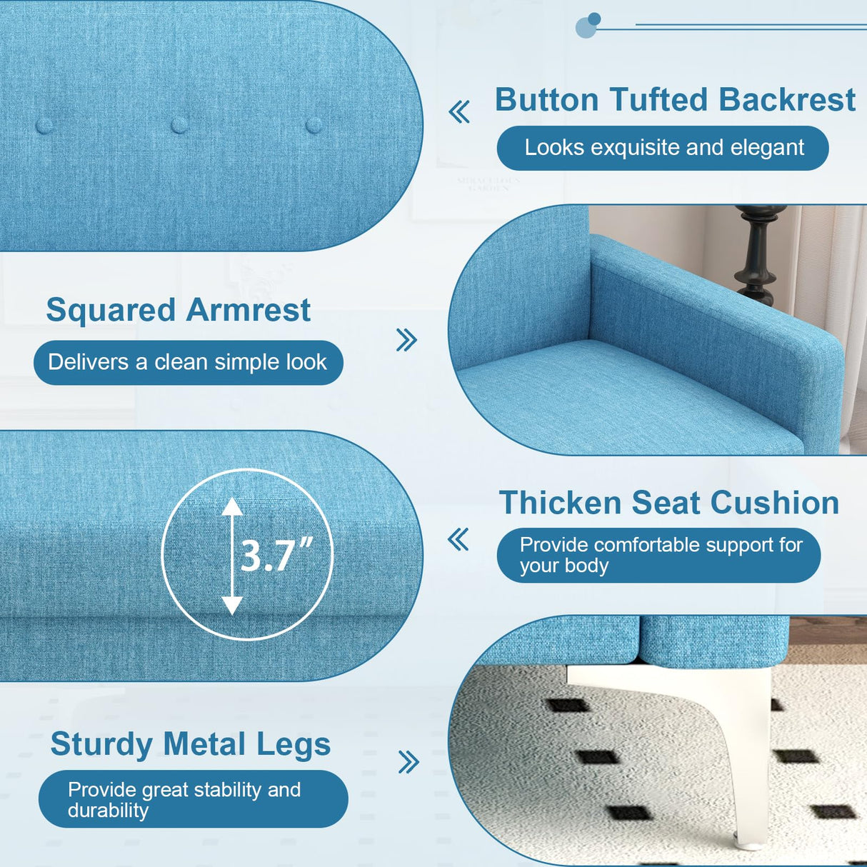 Loveseat Sofa Couch with Storage Seat, 57" Button Tufted Upholstered 2 Seat Sofa with Side Pockets, Modern Love Seat with Silver Metal Legs for Living Room, Bedroom, Office, Small Space (Blue) KINFFICT