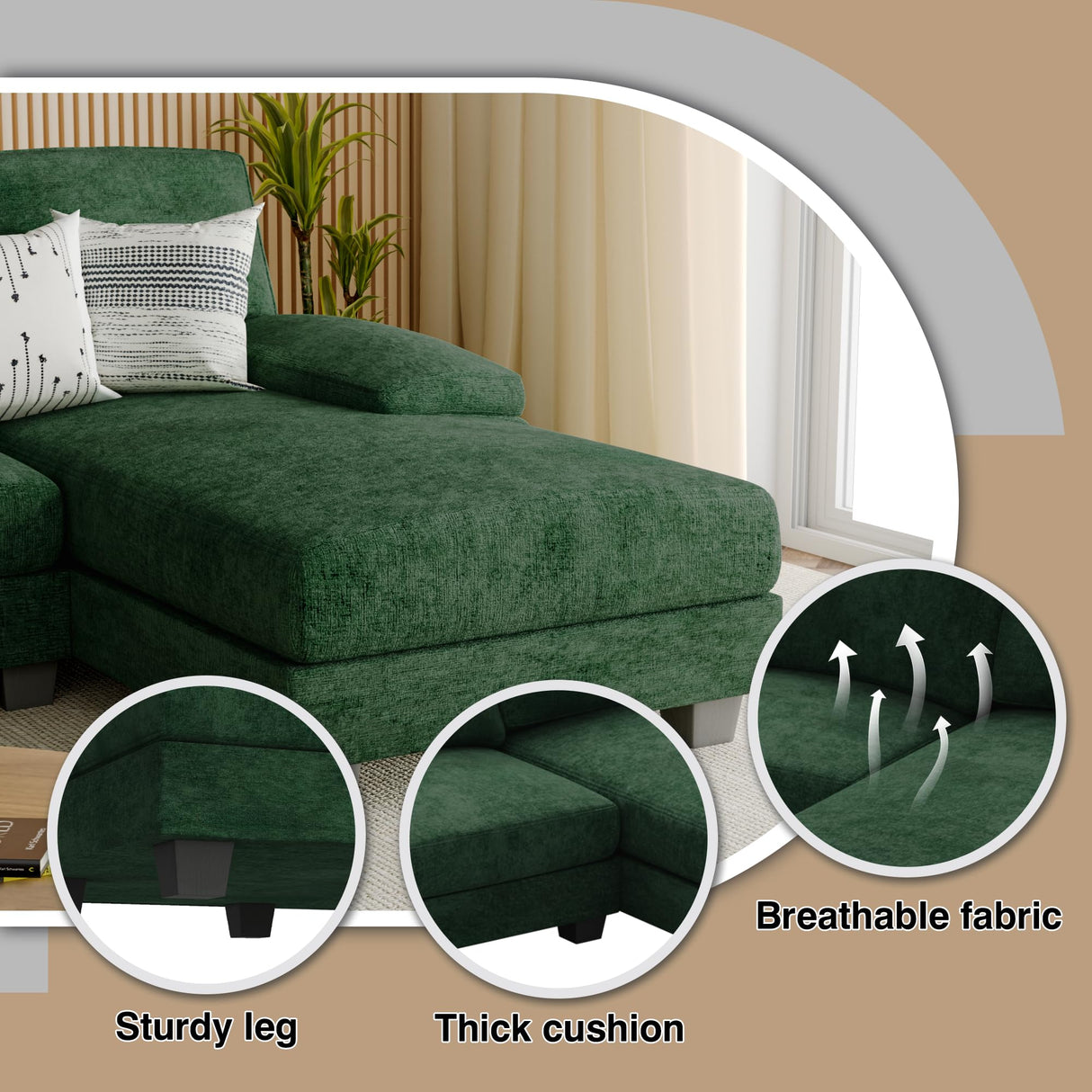 Furniwell Convertible Sectional Sofa Couch, 4 Seat Sofa Set for Living Room U-Shaped Modern Fabric Modular Sofa Sleeper with Double Chaise & Memory Foam (Fabric, Dark Green) Furniwell