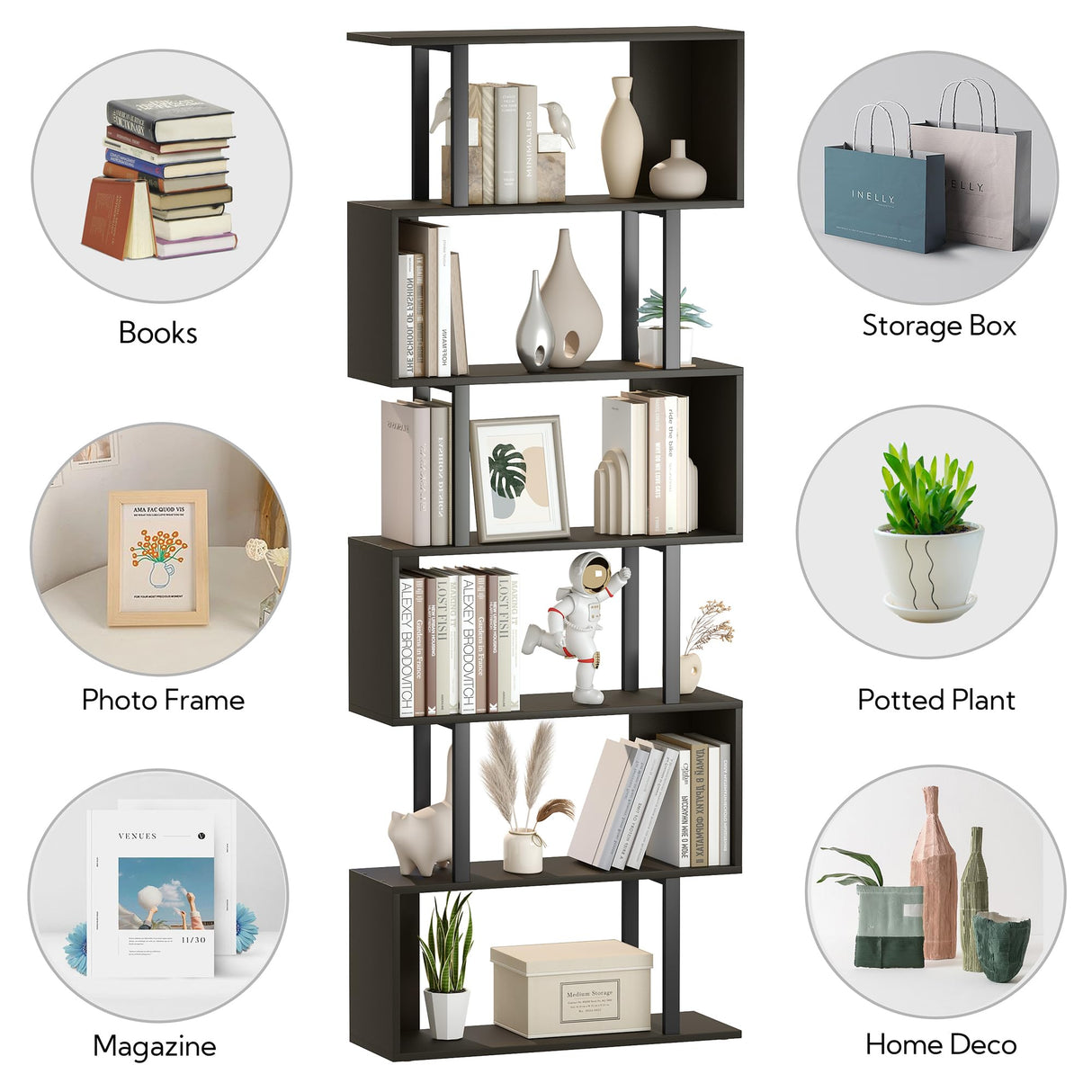 Yusong S Shaped Bookshelf, Modern Geometric Bookcase, 6-Tier Black Display Case Book Shelf Yusong