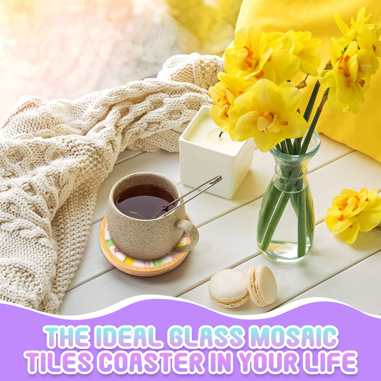 Reallnaive DIY Glass Mosaic Tiles for Crafts, Mixed Color Mosaic Kits with Wooden Coaster Adults DIY Kit for Coaster Handmade Home Gifts(Rainbow Style,8 Sets) Reallnaive