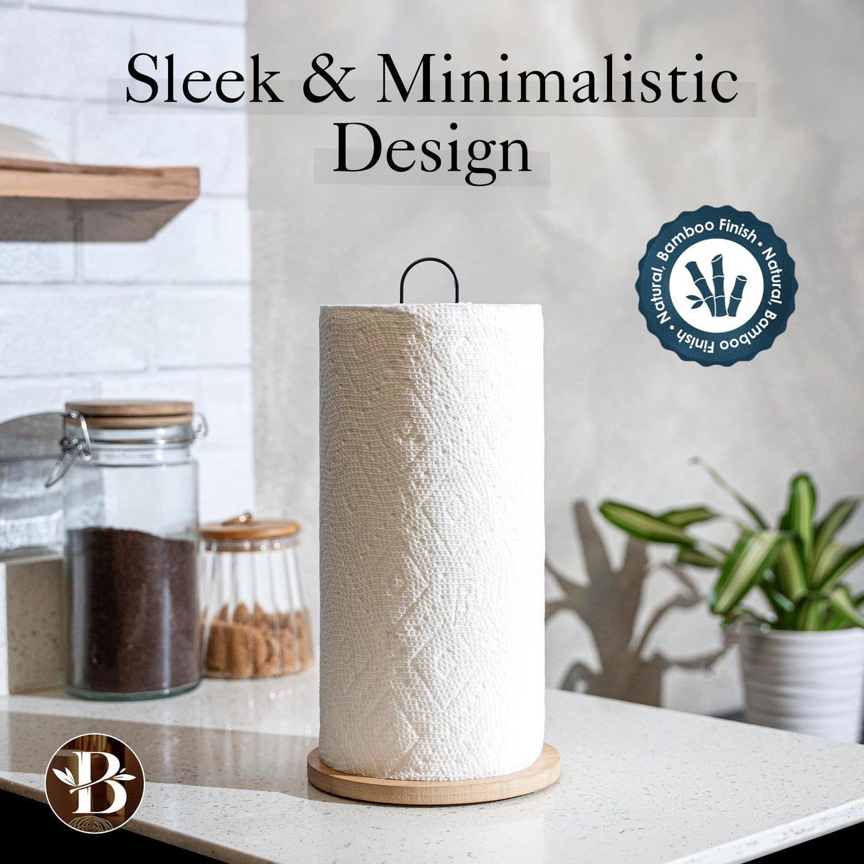 Paper Towel Holder - Wooden Paper Towel Holder with Non-Slip Wood Base, Minimalistic Modern Style, Countertop Paper Towel Holder, Black Paper Towels Holder, Paper Towel Stand for Kitchen, Home, Office Bambüsi
