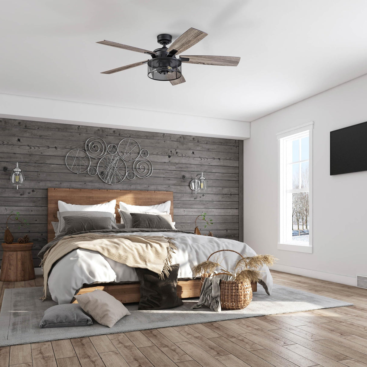 Honeywell Ceiling Fans Carnegie Industrial 52 Inch Ceiling Fan with Light, Remote Control Fan, LED Indoor Fan with 5 Blades, Gray Pine and Brown Chestnut Blade Finish Options, Matte Black (50614-01) Honeywell