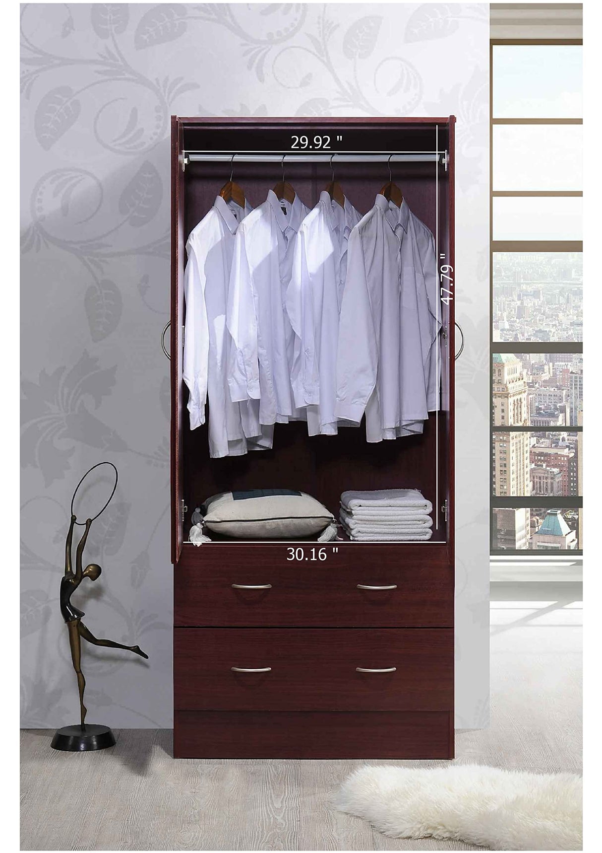 HODEDAH 2 Door Wood Wardrobe Bedroom Closet with Clothing Rod inside Cabinet and 2 Drawers for Storage, Mahogany Hodedah