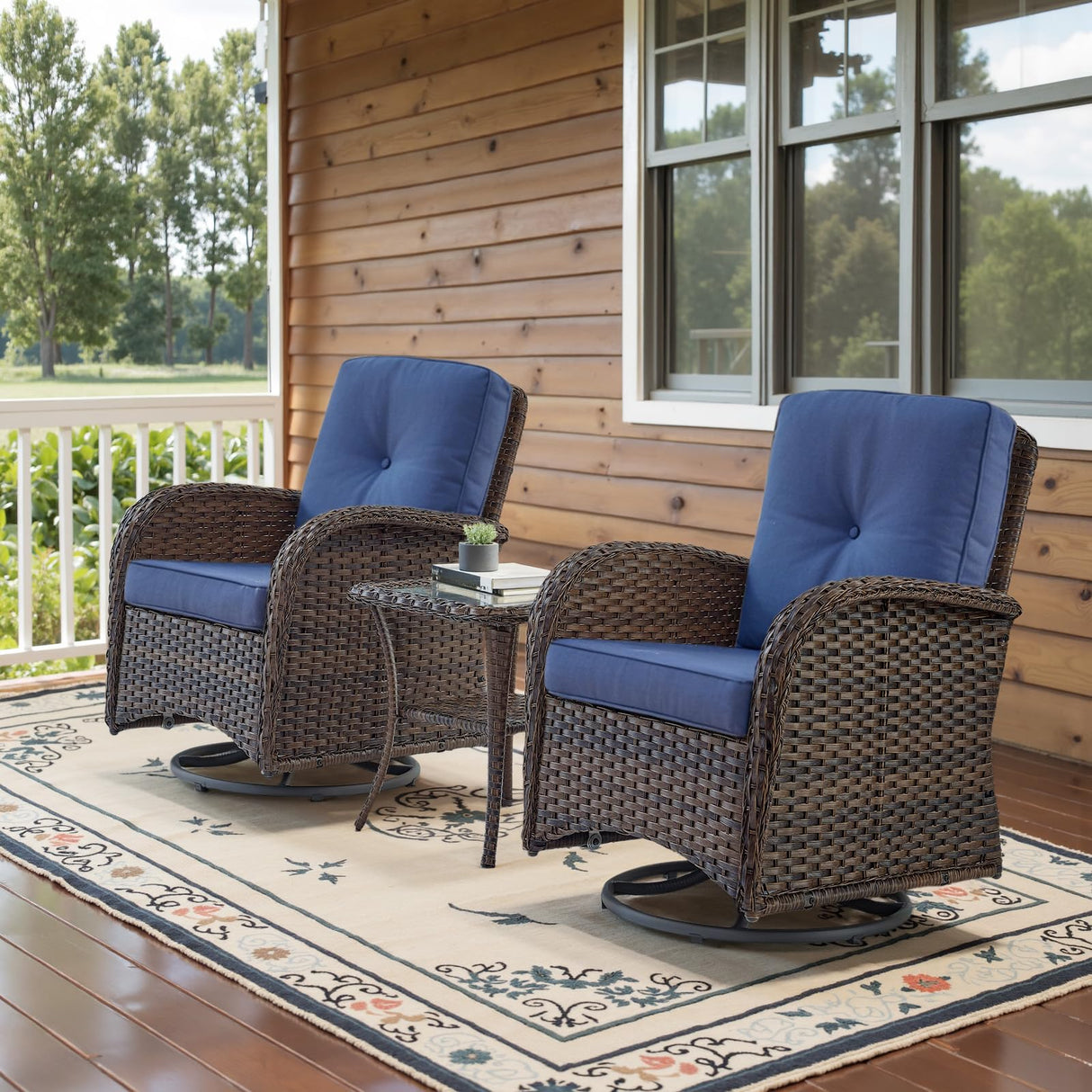 Belord Patio Wicker Chairs Swivel Rocker - Outdoor Swivel Rocking Chairs Set of 2 with Rattan Side Table, Patio Swivel Glider Chair 3 Piece Patio Furniture Sets for Patio Porch Pool Brown/Blue Belord