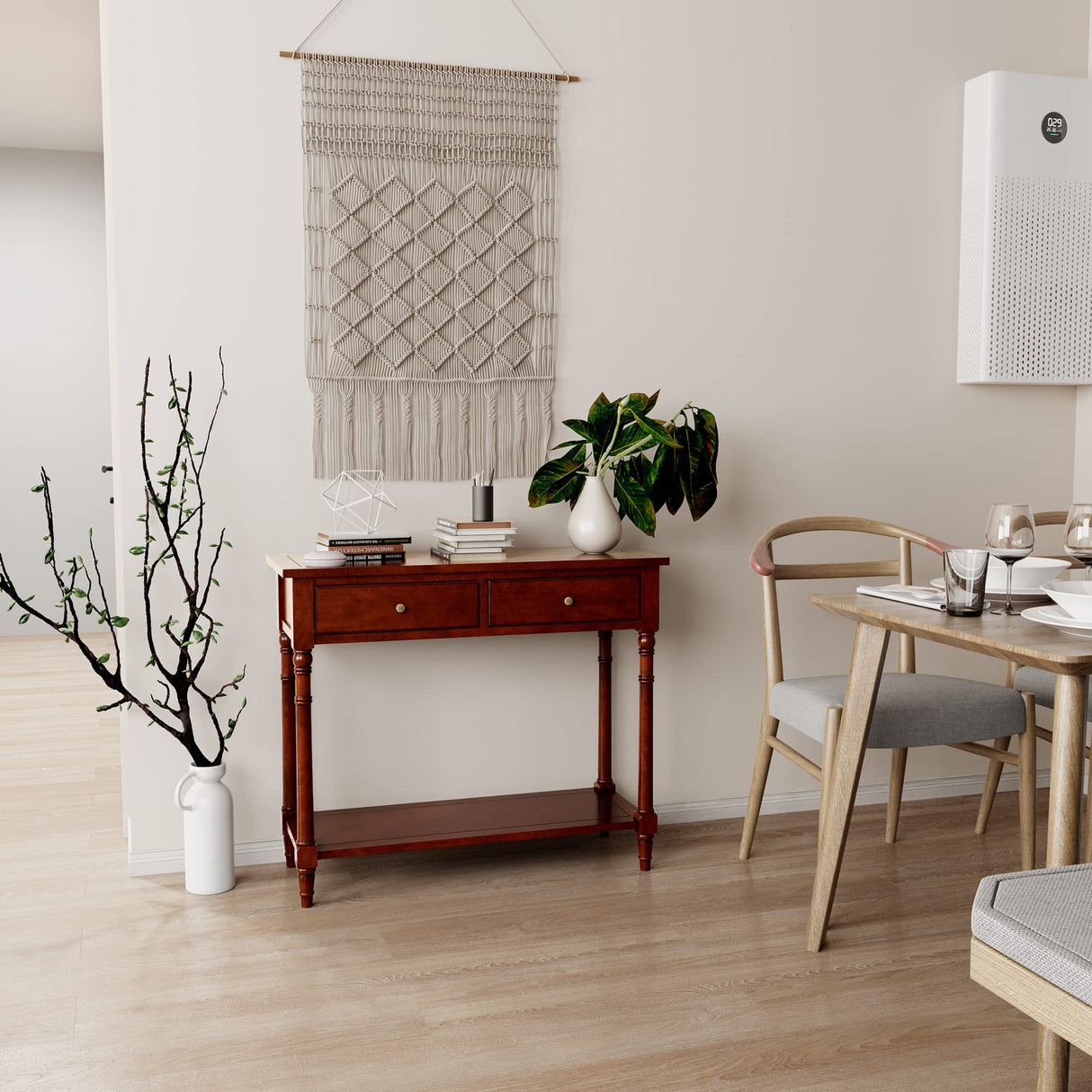 JESONVID Solid Wood Console Table with 2 Drawers, 2-Tier 35.4" X 30" Accent Sofa Table with Multilayer Storage Shelf Rustic Hall Entryway Tables for Living Room Home Office-Brown JESONVID