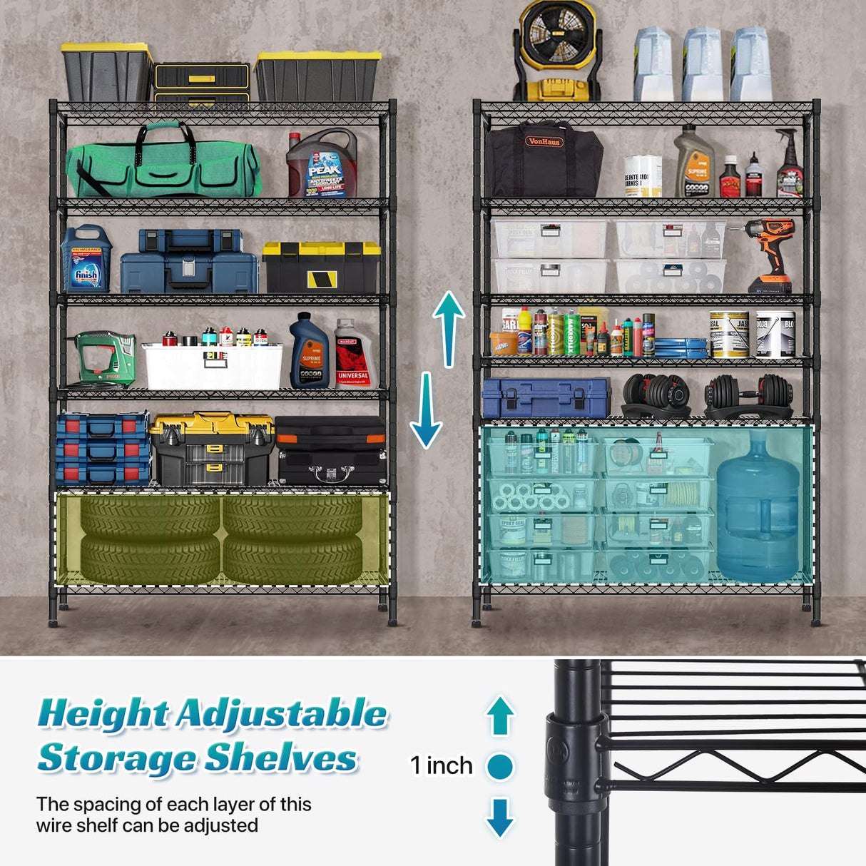 Metal Shelves Garage Shelving Wire Shelving Unit with Wheels, 6000lbs Weight Capacity Heavy Duty NSF Height Adjustable Storage Shelves 6 Tier Steel Commercial Grade Wire Rack, Black Dkeli