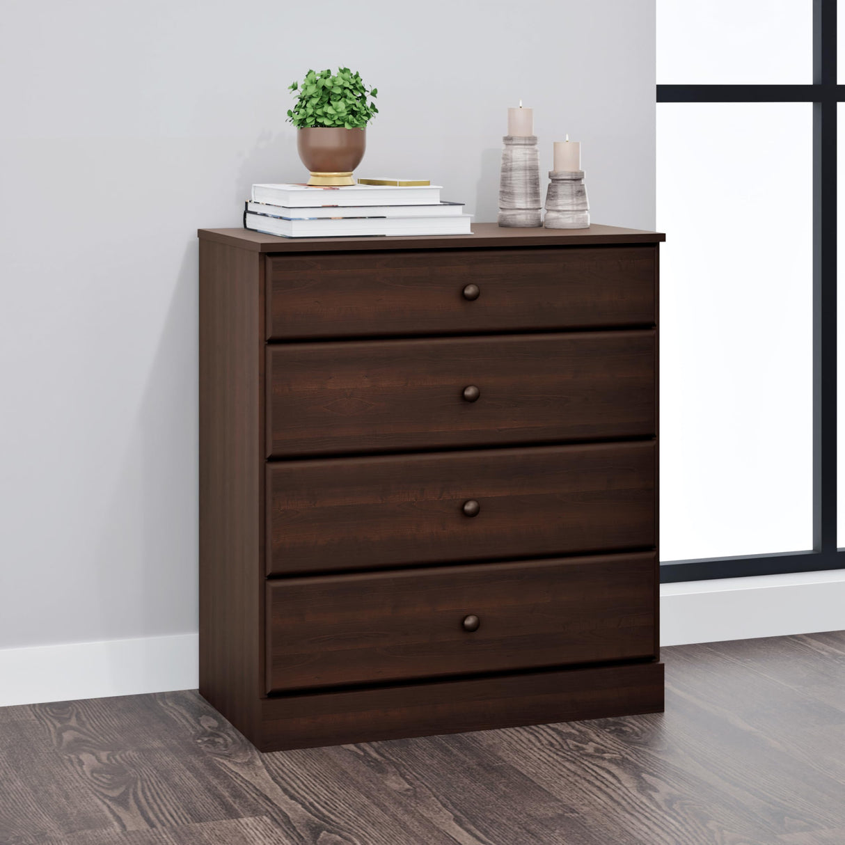 Prepac Astrid Simplistic 4-Drawer Dresser for Bedroom, Functional Bedroom Dresser Chest of Drawers 18.25" D x 30" W x 34" H, Espresso, EDBR-0401-1 Prepac