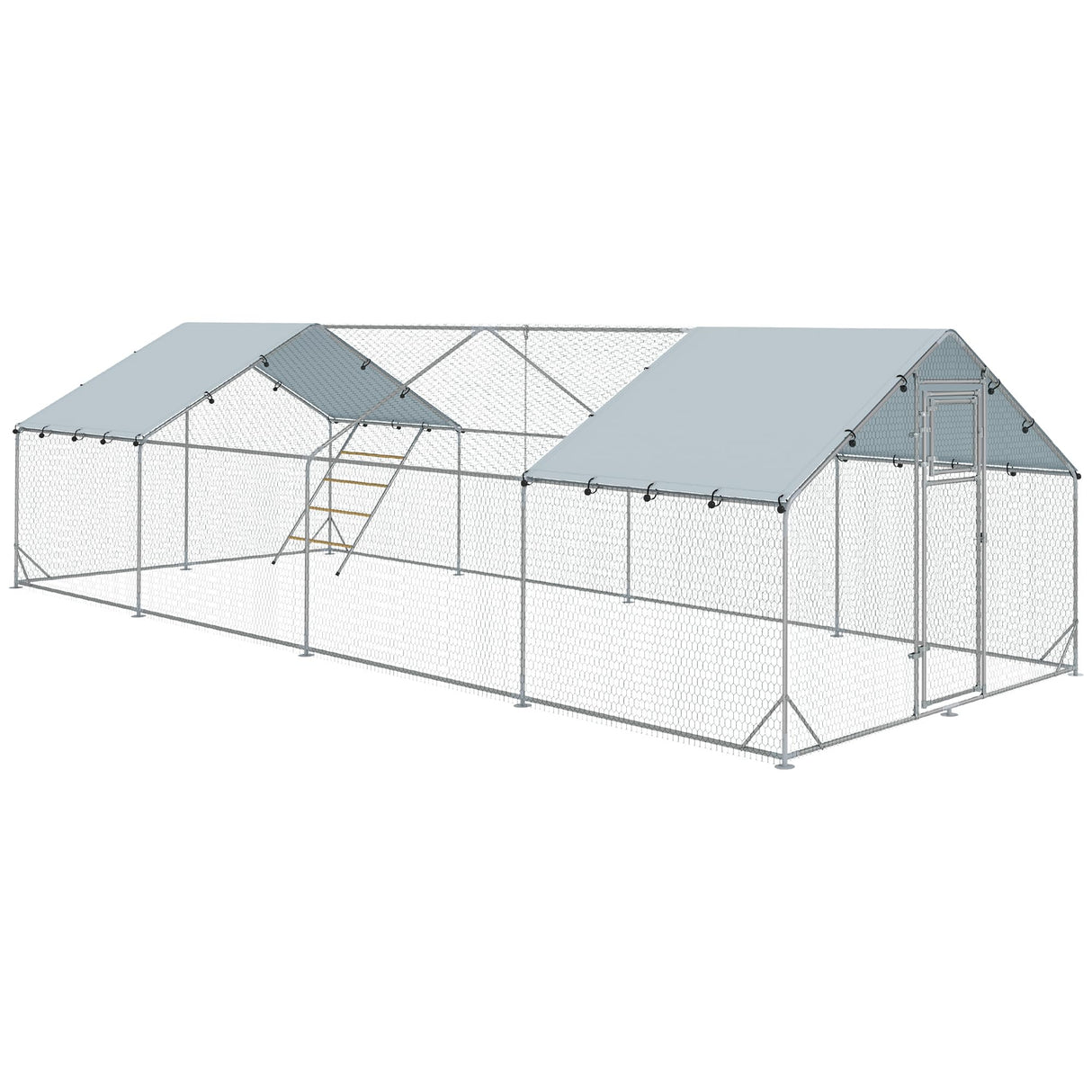 PawHut Chicken Run, Large Metal Chicken Coop w/Waterproof & Anti-UV Cover, Feeding Door, Hanging Feeder, Perch, Walk-in Poultry Cage for Outdoor, Yard, Farm, for 24-30 Chickens, 9.8' x 26.2' x 6.4' PawHut