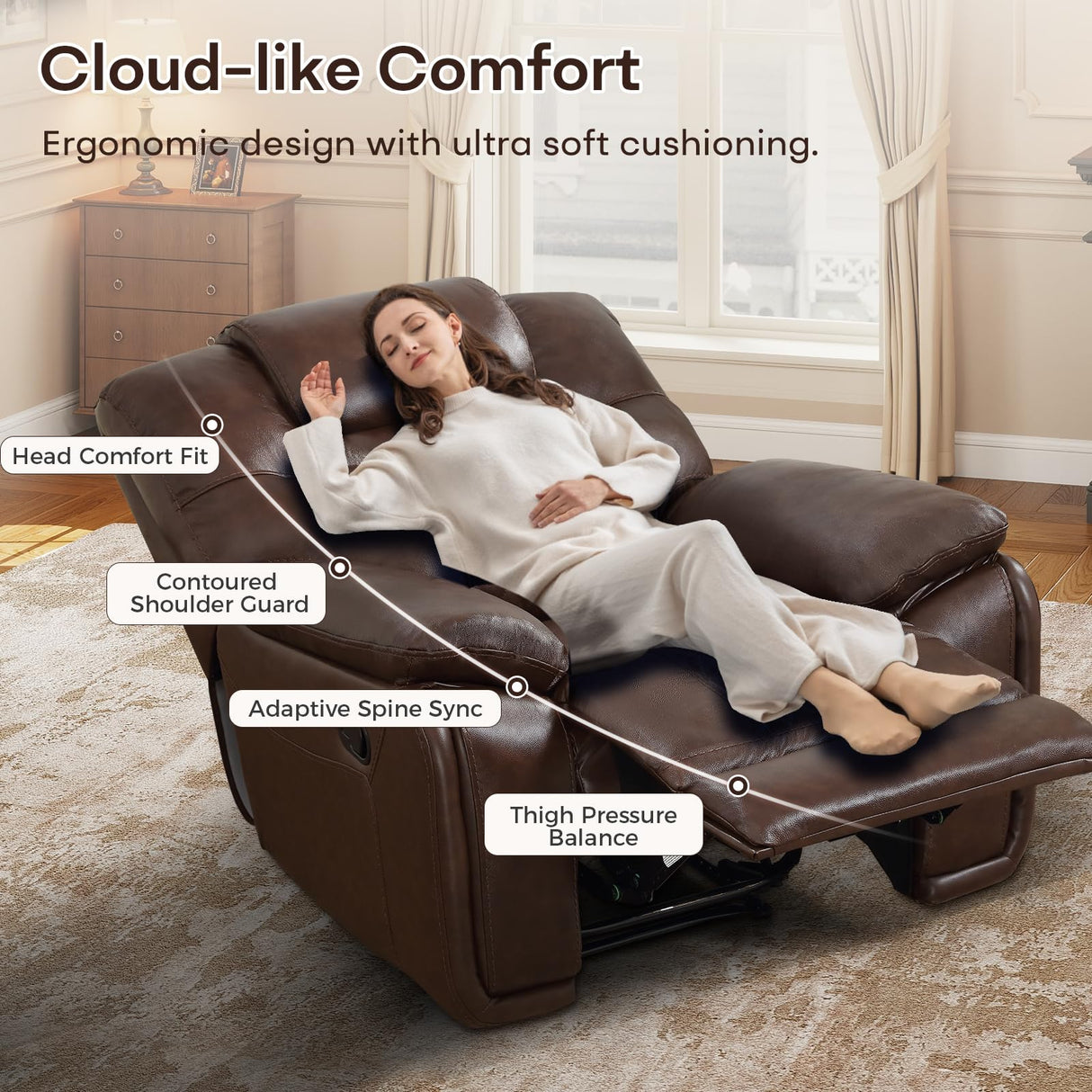 ANJ Genuine Leather Recliner Chair, Manual Reclining Chair with Ergonomic Design, Oversized Single Sofa Recliner with Soft Armrest and Flexible Footrest for Living Room,Red Brown ANJ