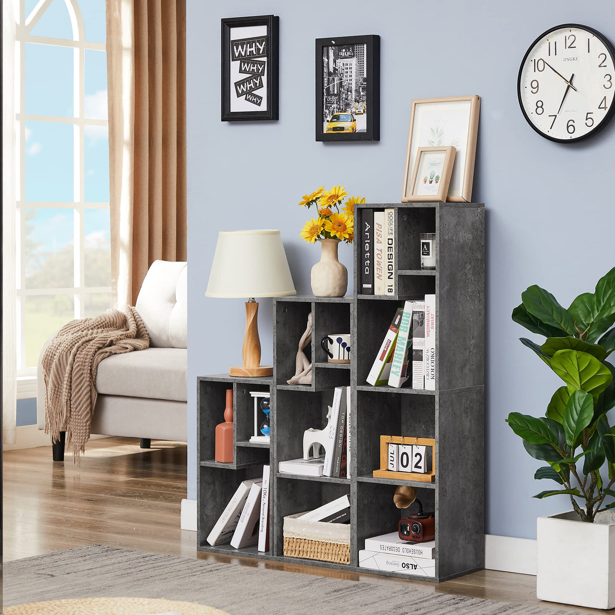 VECELO 3-Cube Open Bookcase, Small Bookshelf with Height Difference Shelves for Most Books, Horizontal Available, 2-Tier Storage Organizer for Home Office, Living Room, Grey VECELO